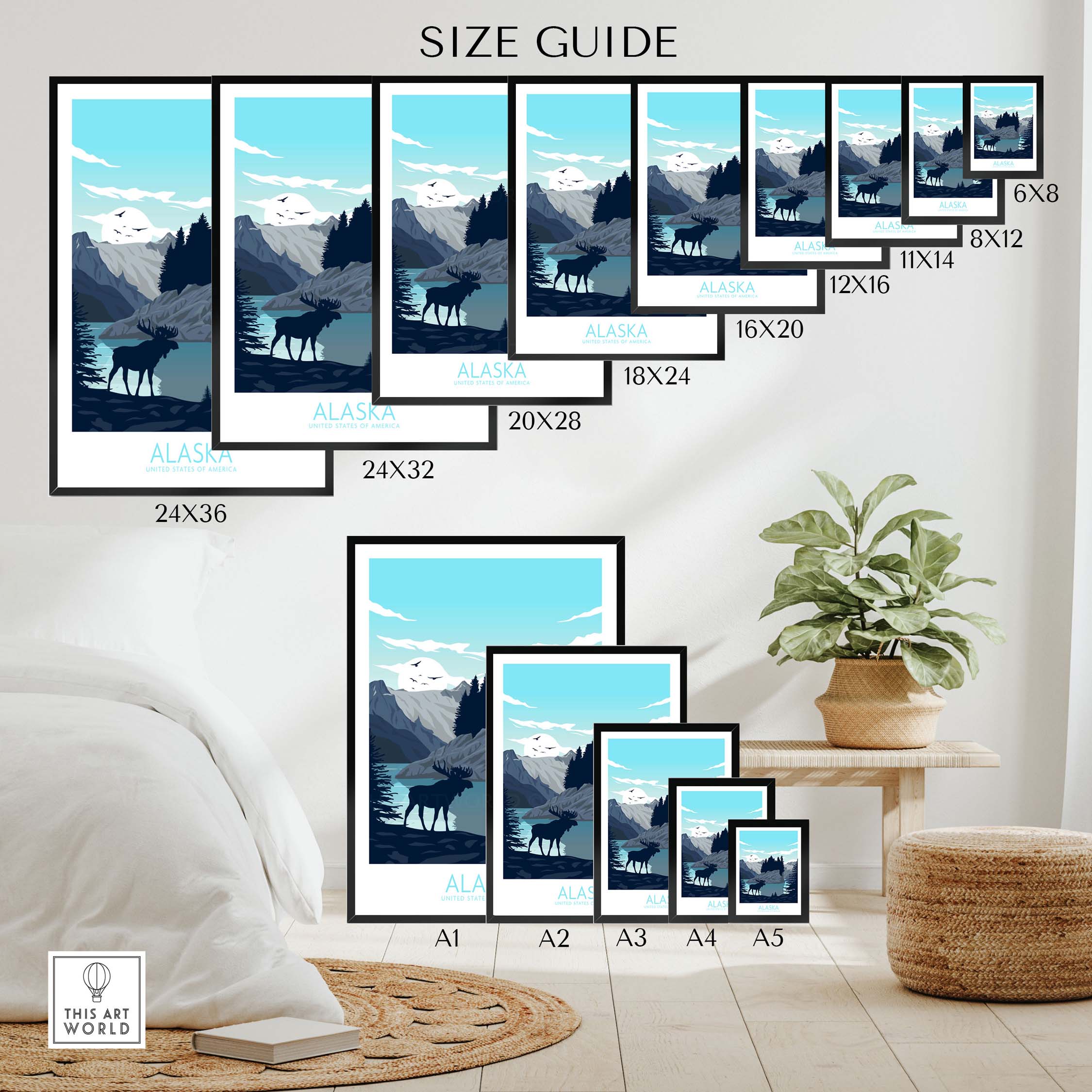 Alaska travel poster size guide showcasing various print sizes in a stylish home setting.