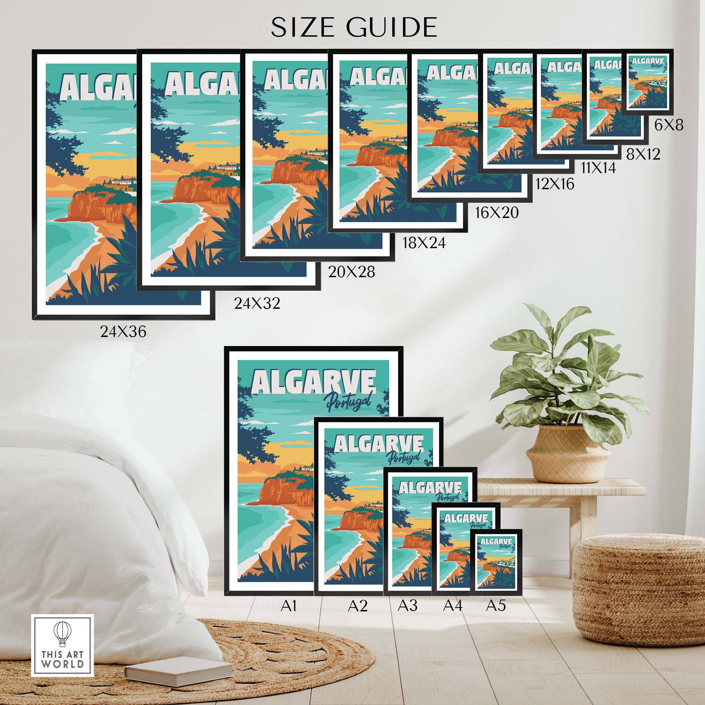 Size guide for Algarve Poster Portugal, showcasing various frame sizes and designs for home or office decor.