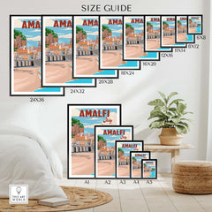 Size guide for Amalfi Coast Italy print wall art in various dimensions, showcasing framed and unframed options.