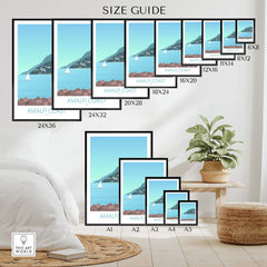 Guide showing various sizes of Amalfi Coast Print framed art options for home decor.