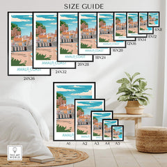 Amalfi Coast Poster size guide showcasing various print dimensions for home decor art.