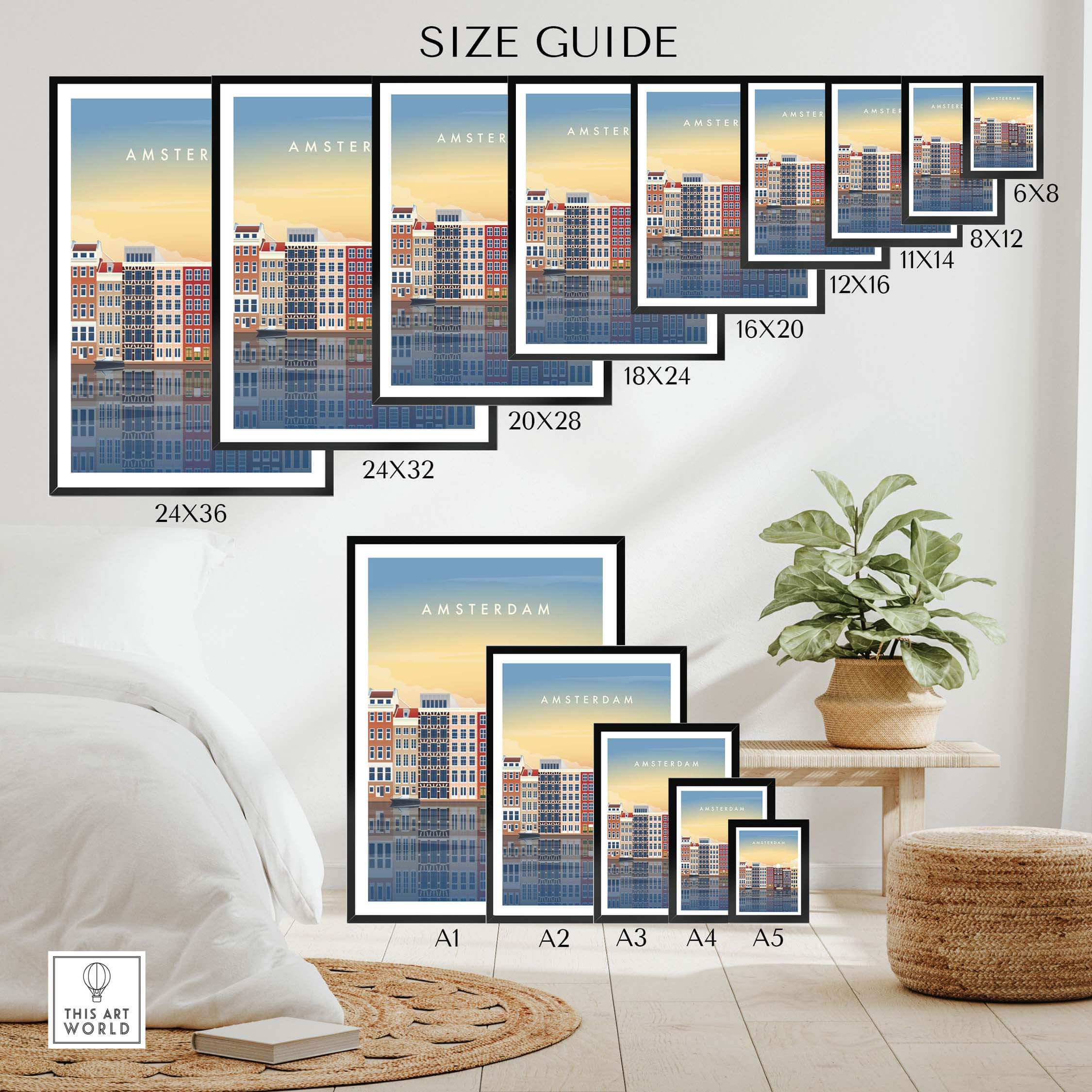 Size guide for Amsterdam Wall Art Poster Print showcasing various frame sizes and designs.