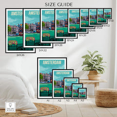 Size guide for Amsterdam Print Poster Wall Art showcasing frame options for vintage travel designs.