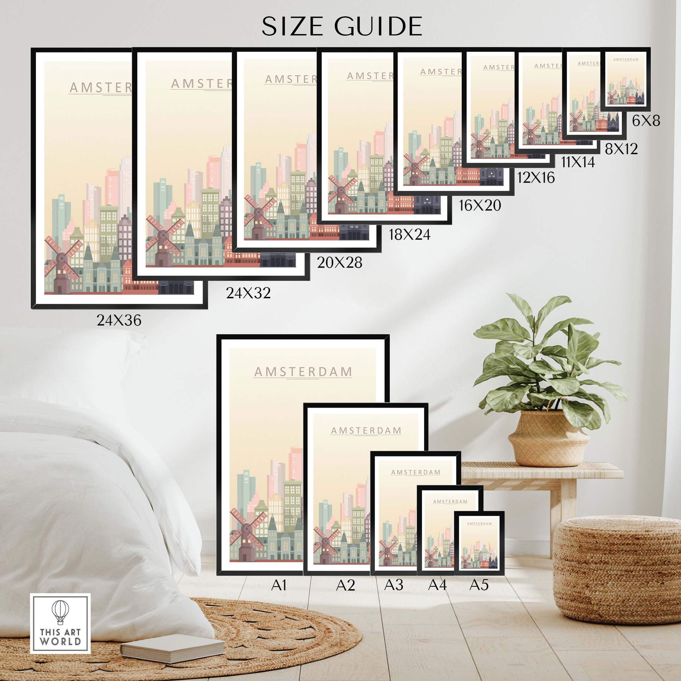 Size guide for Amsterdam Skyline Print wall art showcasing various frame sizes and design aesthetic.