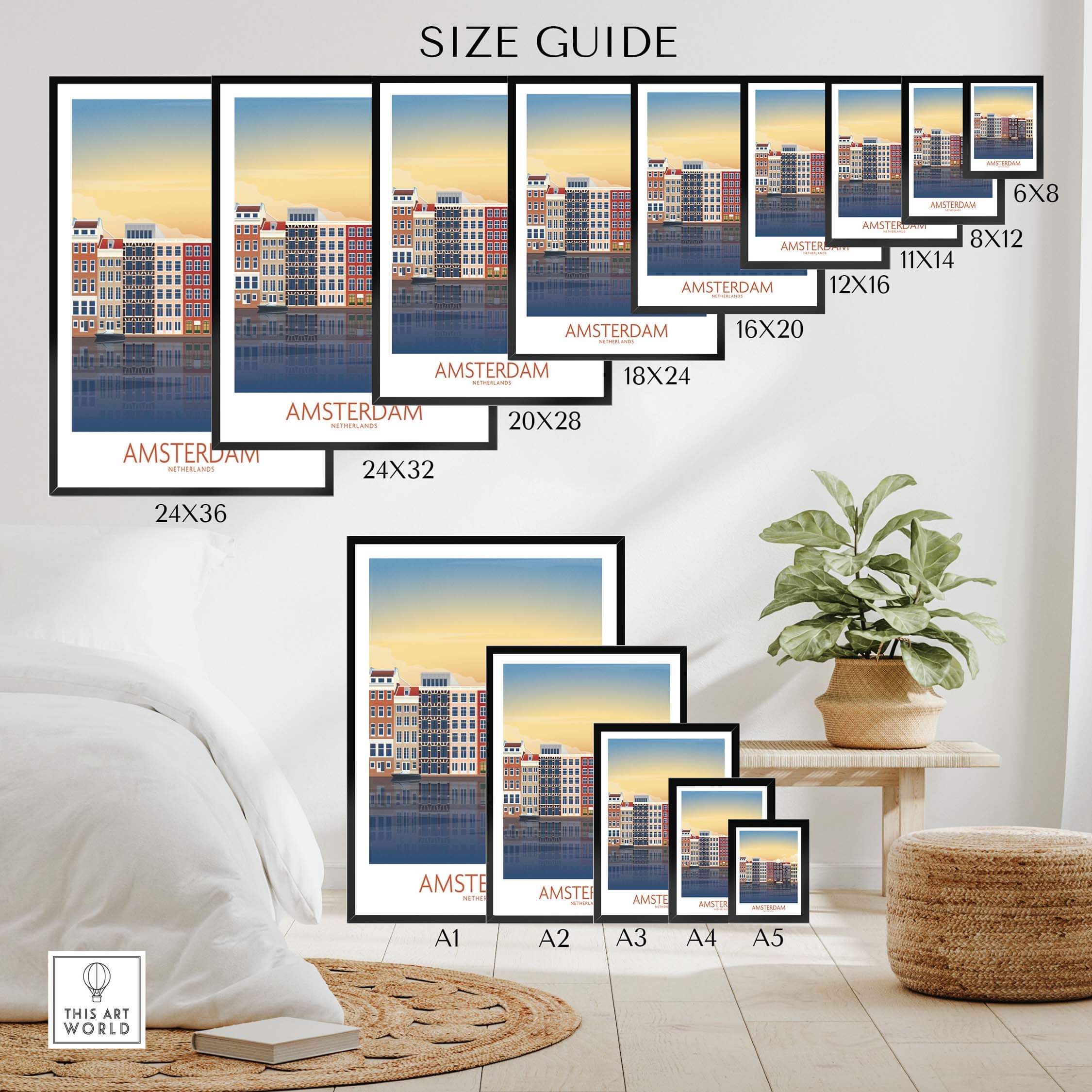 Size guide for various Amsterdam wall art print sizes, showcasing framed options for stylish home decor.