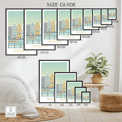 Amsterdam Print size guide showcasing various frame sizes for vintage-inspired wall art.