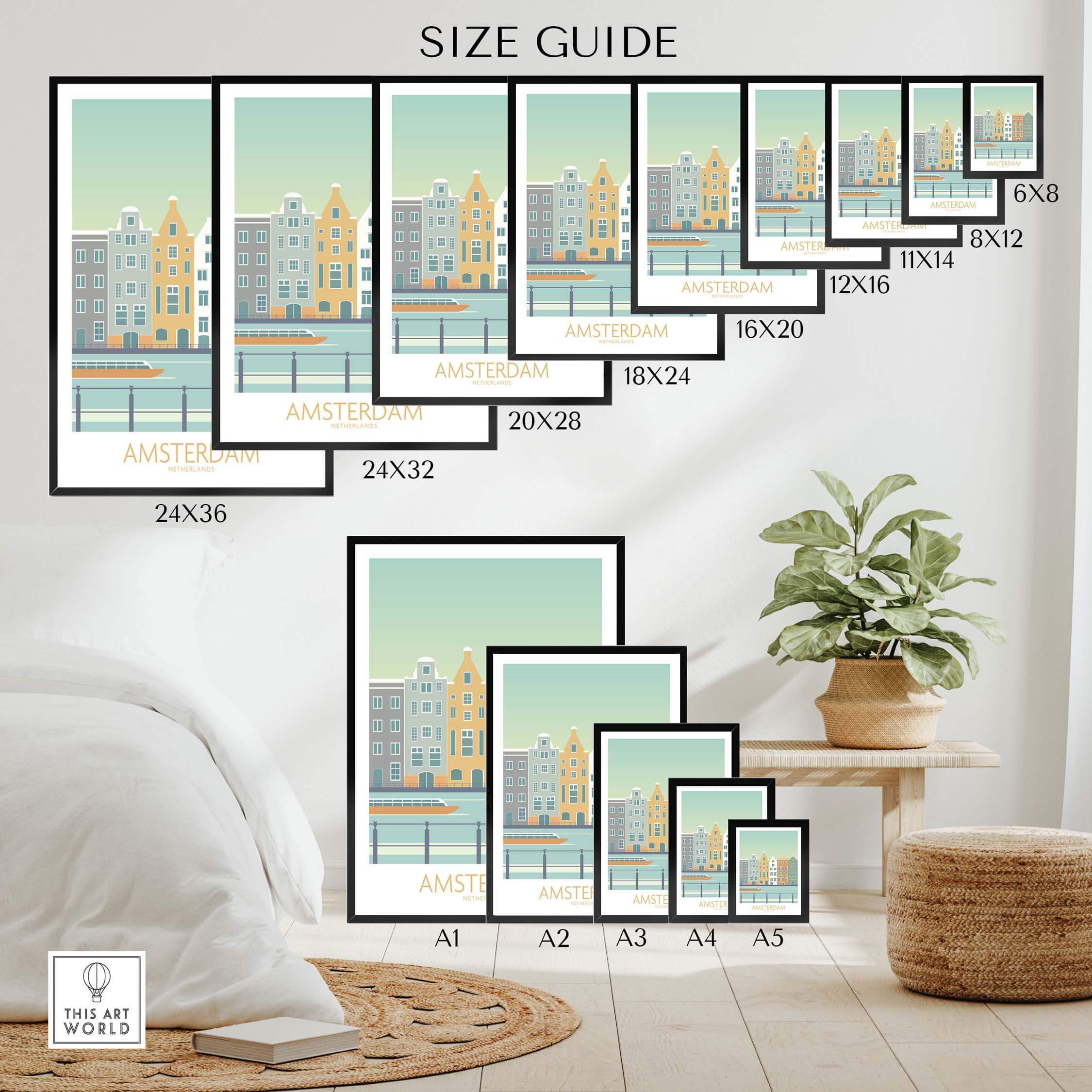 Amsterdam Print size guide showcasing various frame sizes for vintage-inspired wall art.