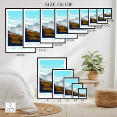 Size guide for Mount Cook Aoraki Poster showing various frame sizes and styles for home decor.