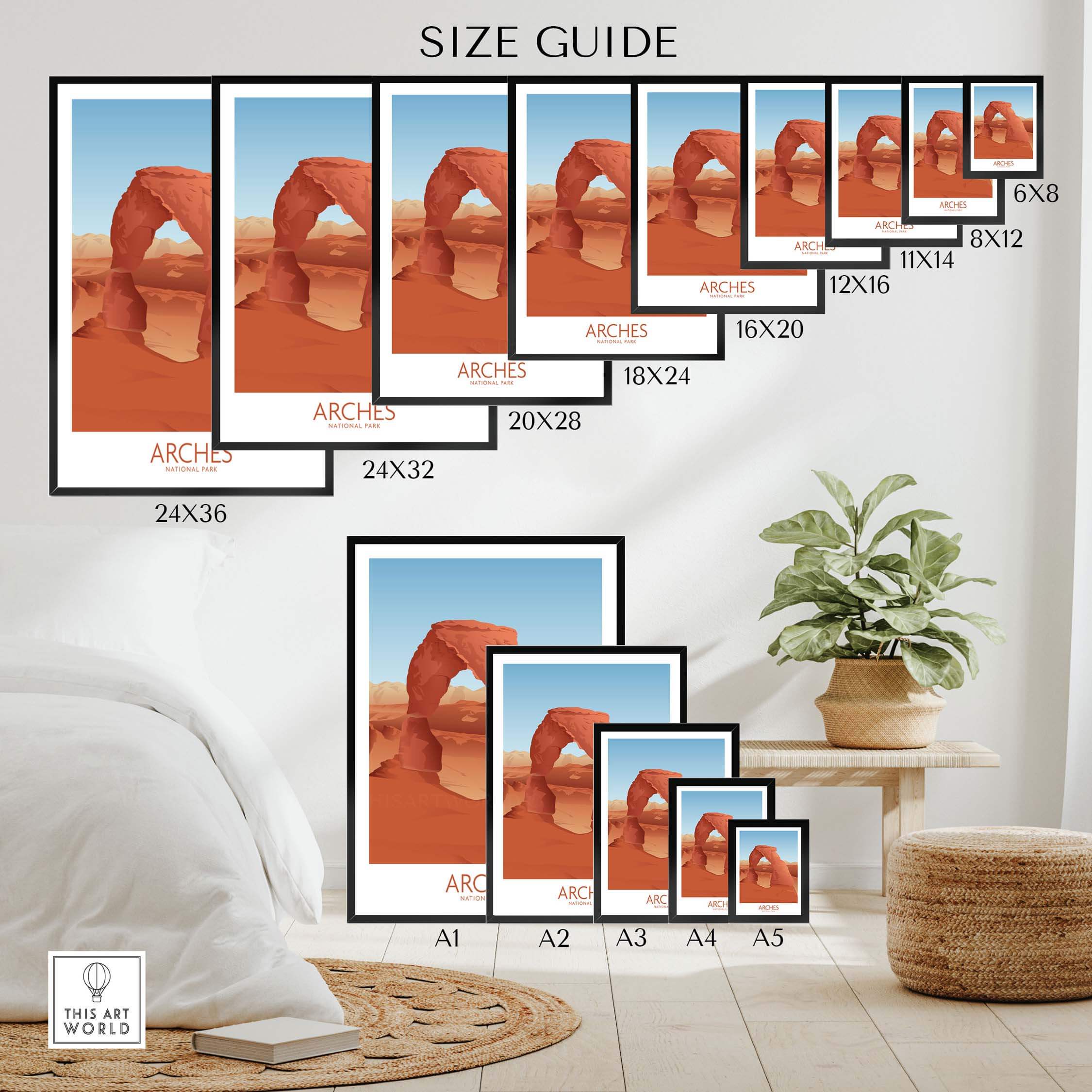 Size guide for Arches National Park art prints in various framed and unframed dimensions.