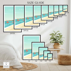 Size guide for Aruba Wall Art Print showcasing various frame sizes and vibrant beach scene with flamingos.