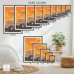 Size guide for Athens Print Greece Poster featuring various frame sizes.