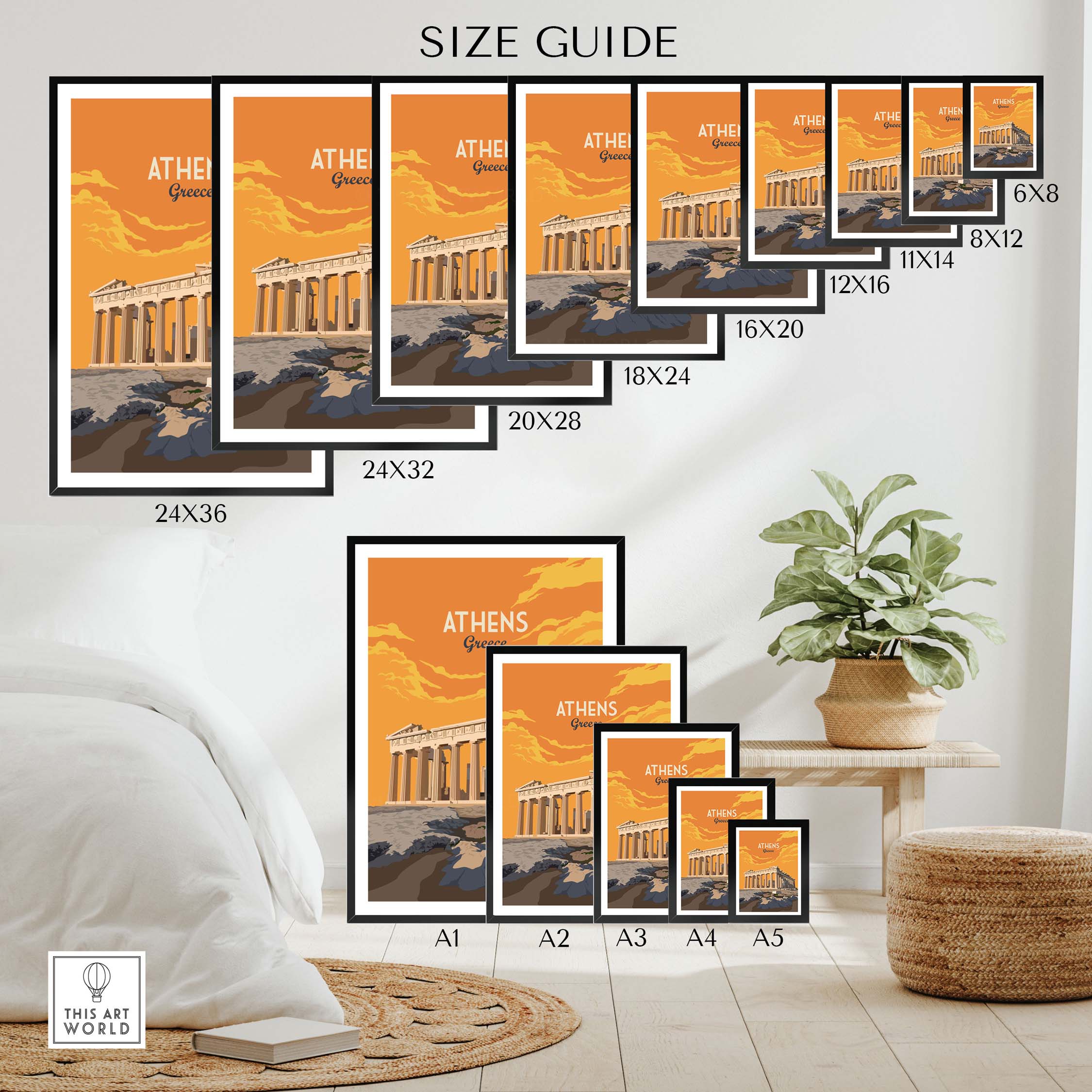 Size guide for Athens Print Greece Poster featuring various frame sizes.