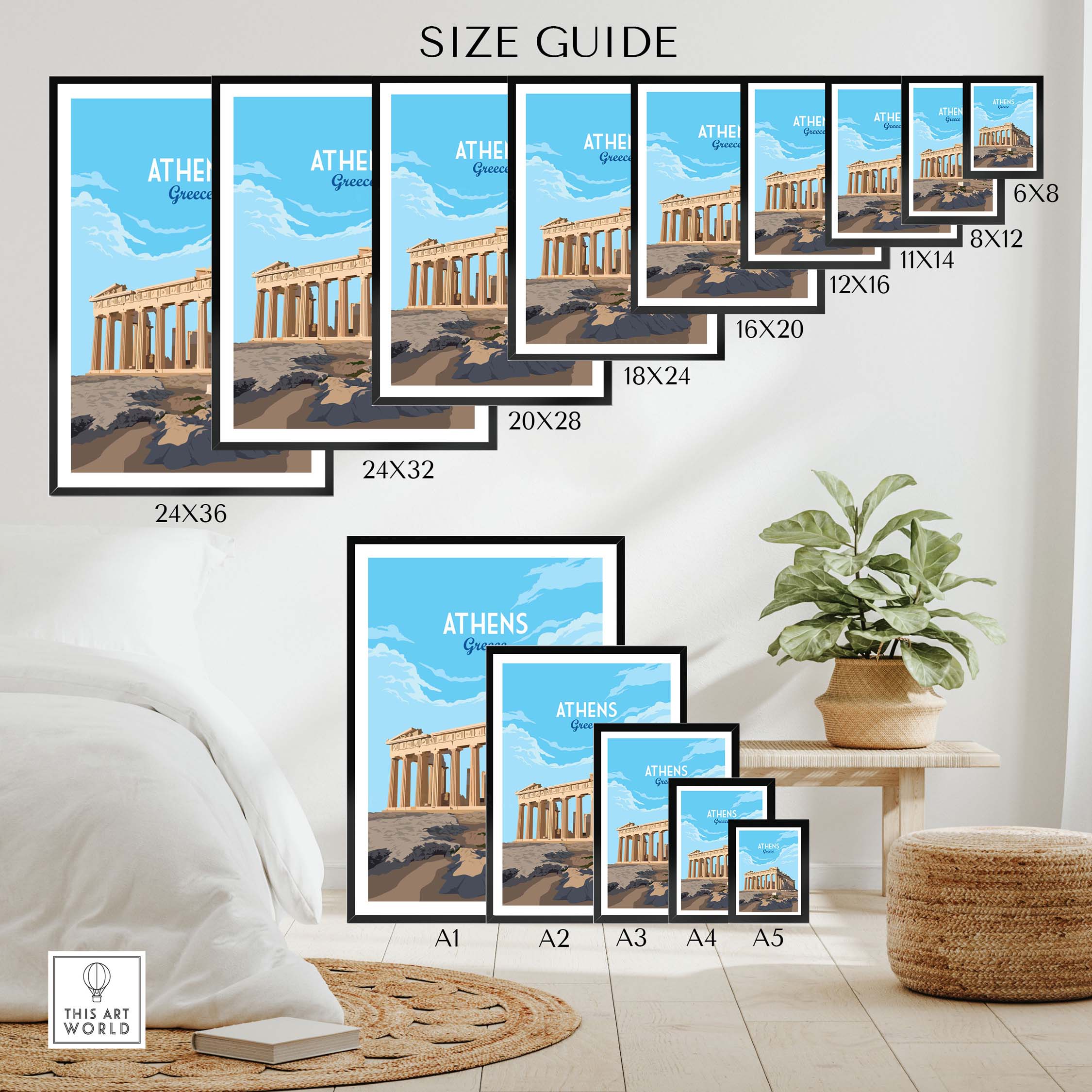 Size guide for Athens Greece art prints showcasing various frame sizes and minimalist design.