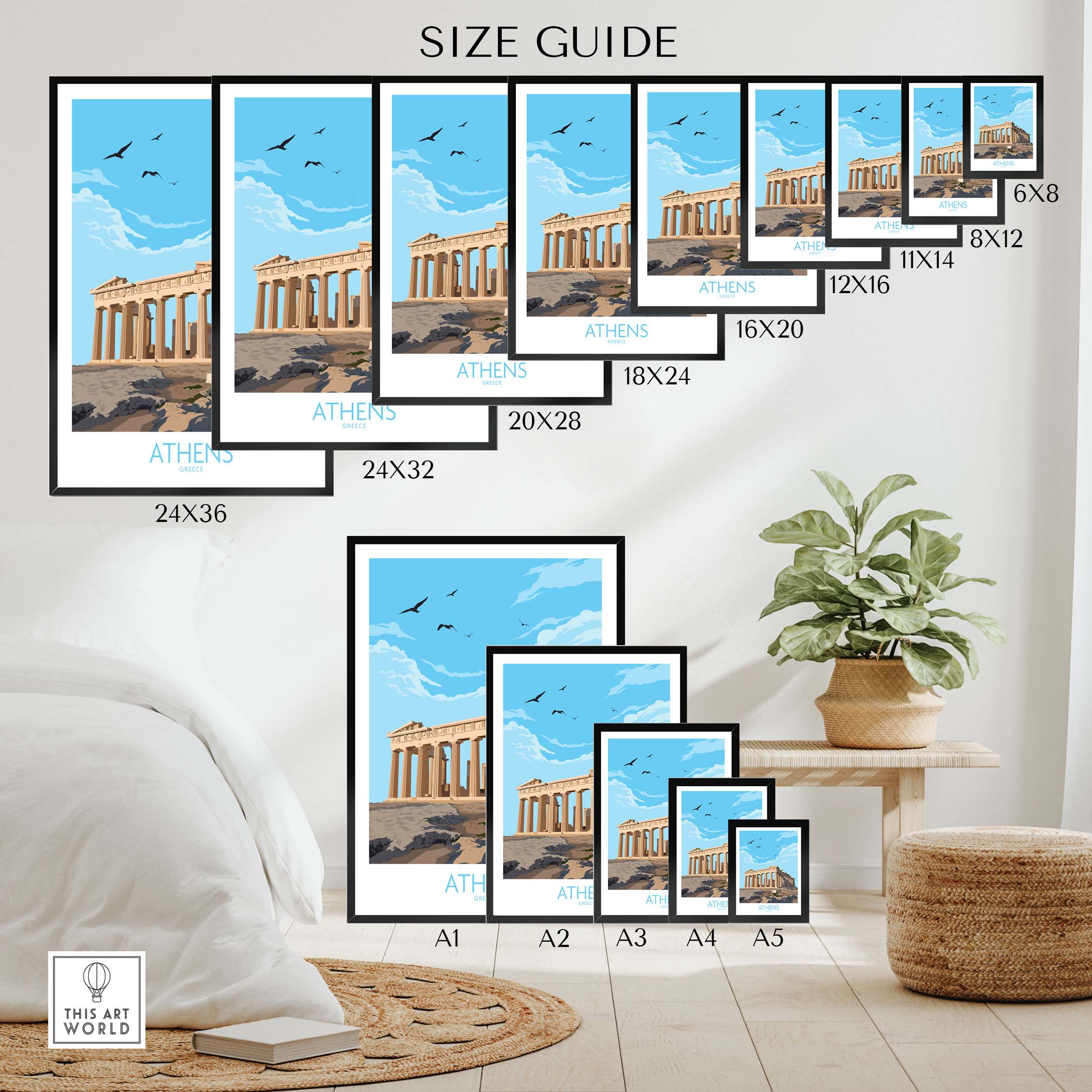 Size guide for Athens Greece wall art poster featuring various frame sizes and styles in a minimalist design.