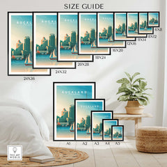 Auckland travel poster print size guide showcasing various frame sizes in a stylish home setting.