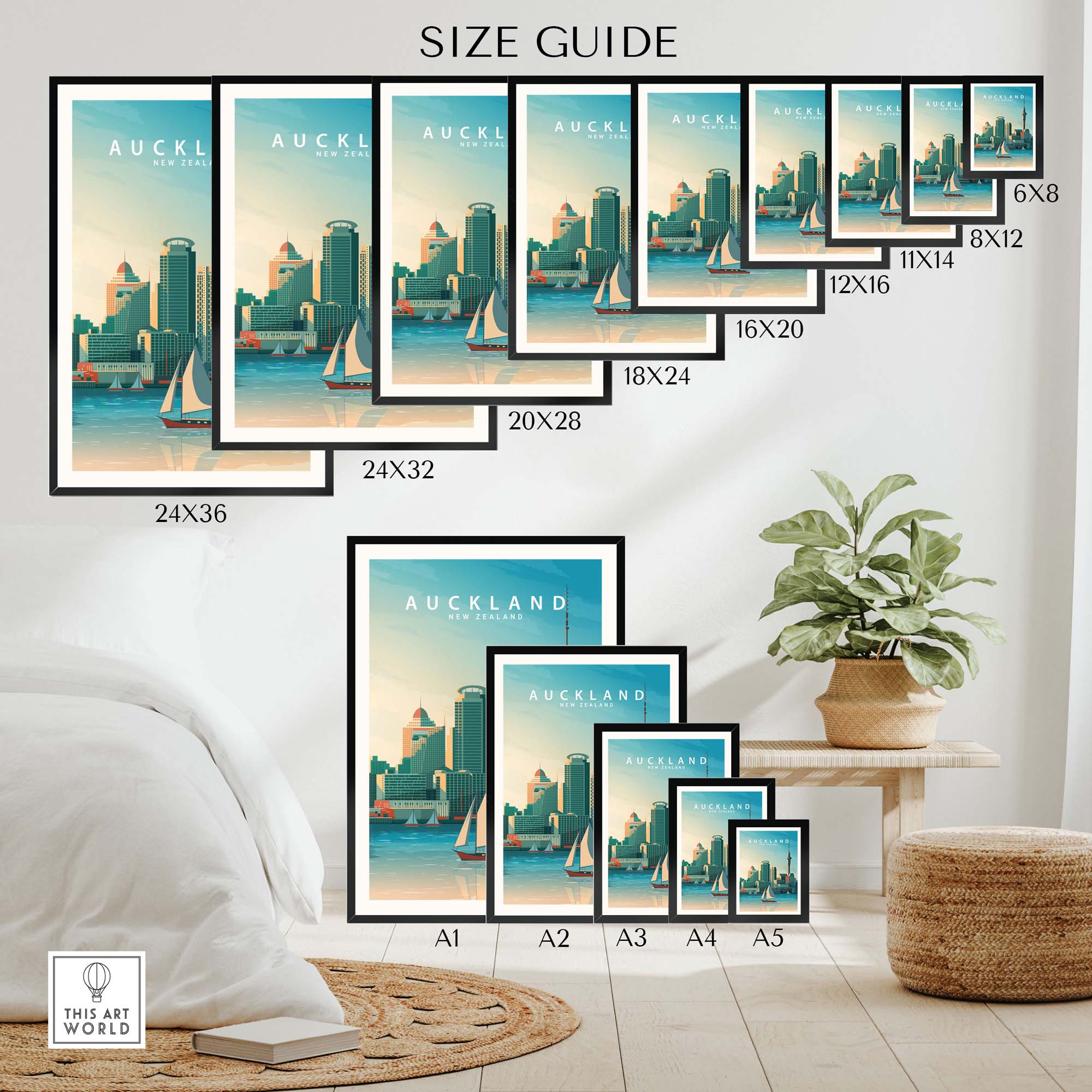Auckland travel poster print size guide showcasing various frame sizes in a stylish home setting.