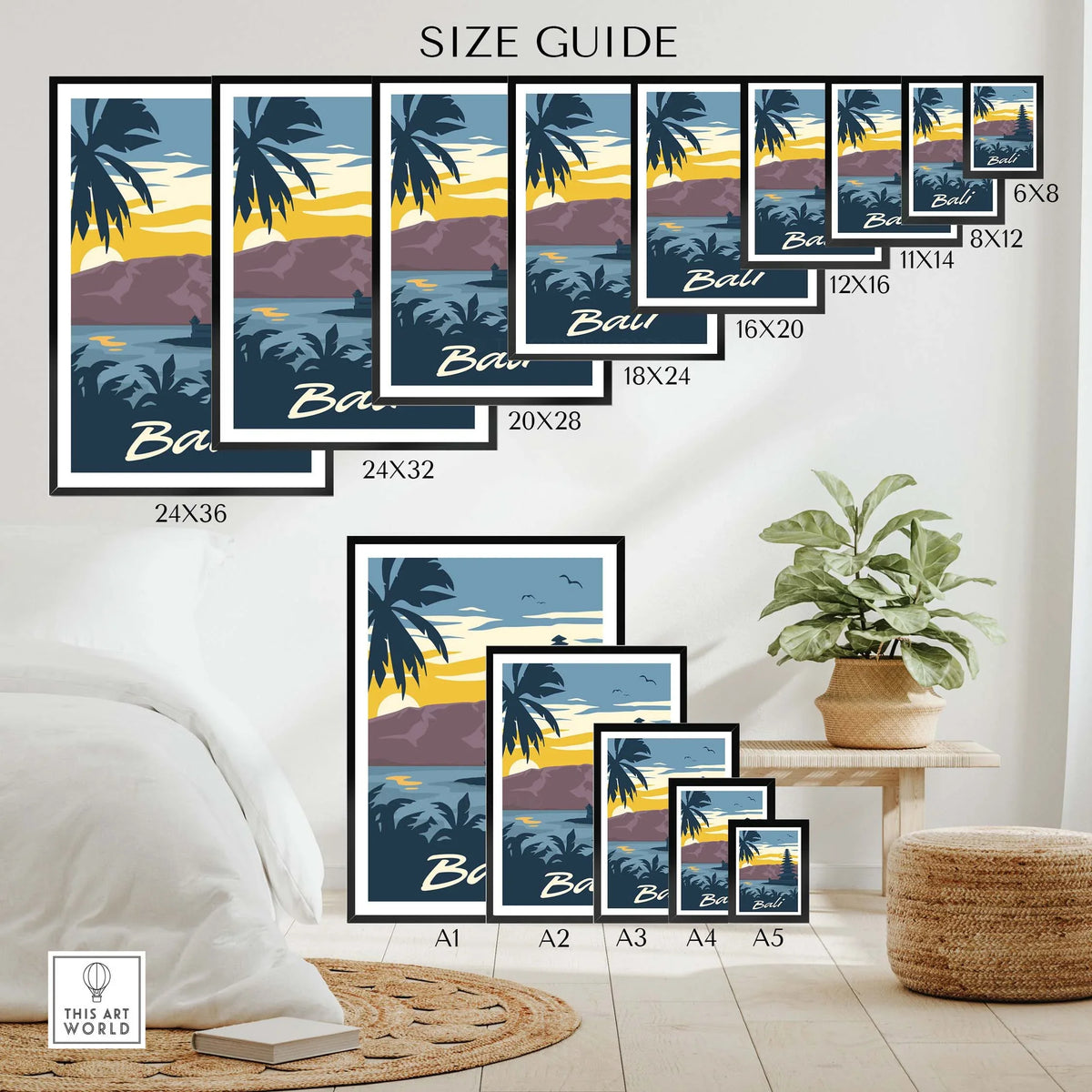 Bali Poster Wall Art Size Guide showcasing various frame sizes for stylish wall decor in home settings.