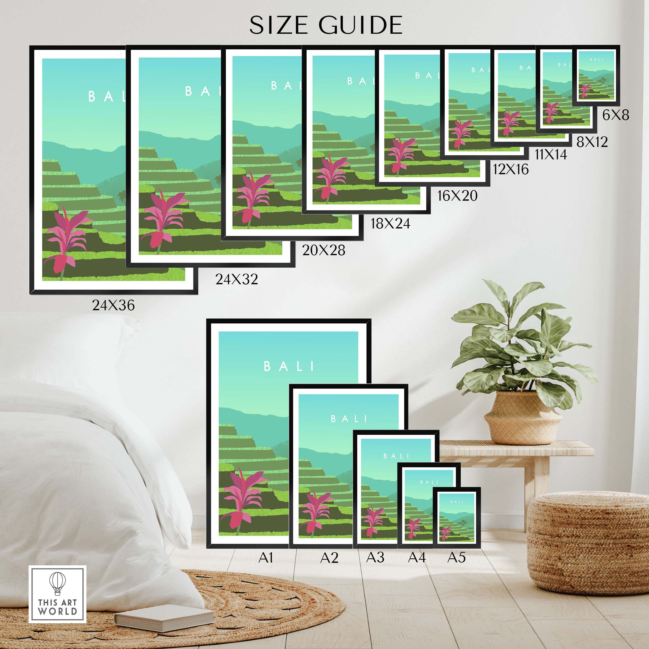 Bali Print Wall Art Poster size guide showcasing various dimensions and frame options for stylish home décor.