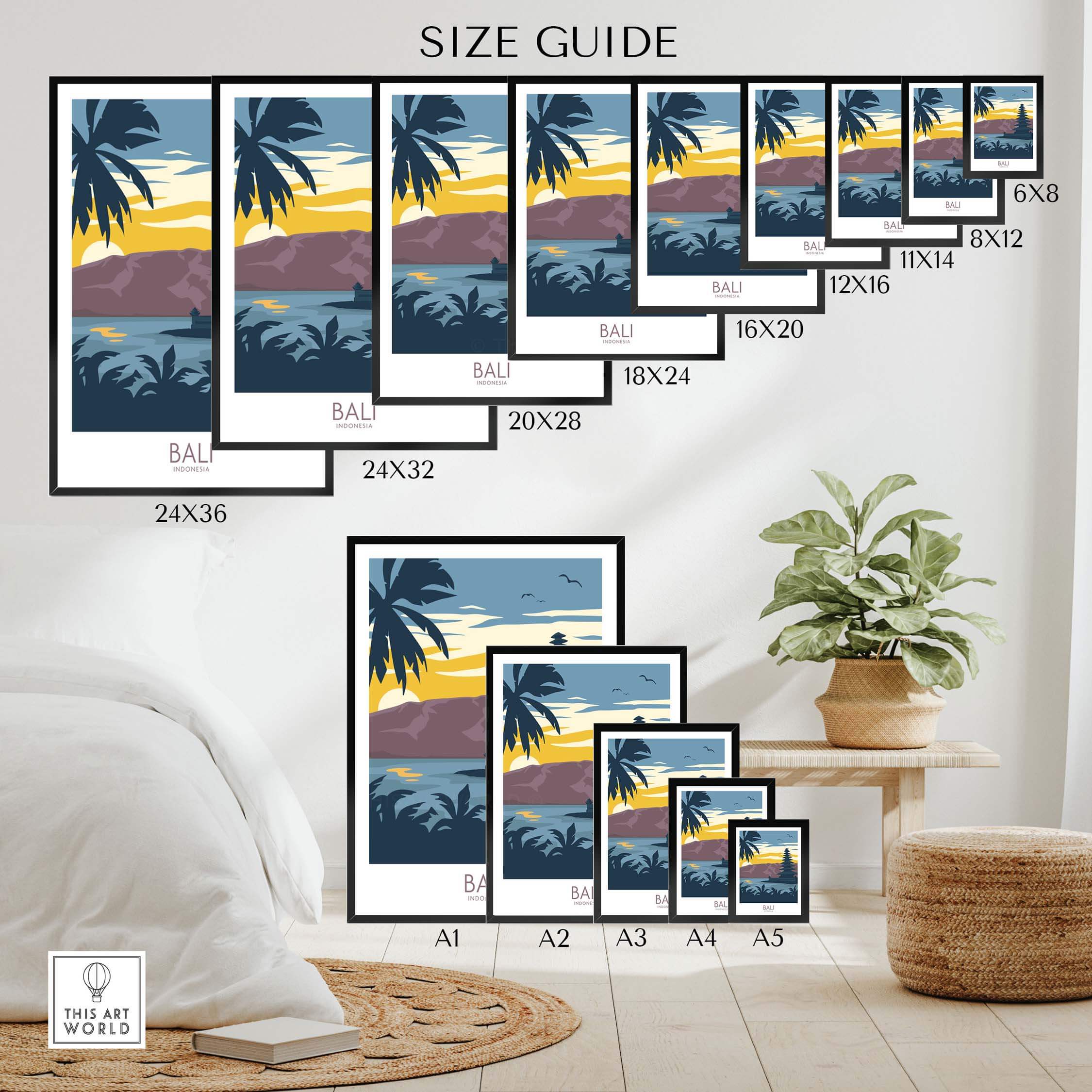Size guide for Bali Travel Posters featuring various frame sizes and tropical sunset design.