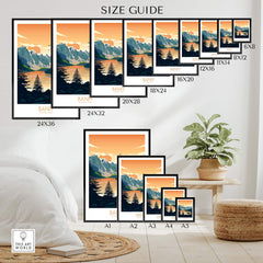 Banff National Park poster size guide with various frame sizes displayed in a cozy room setting.