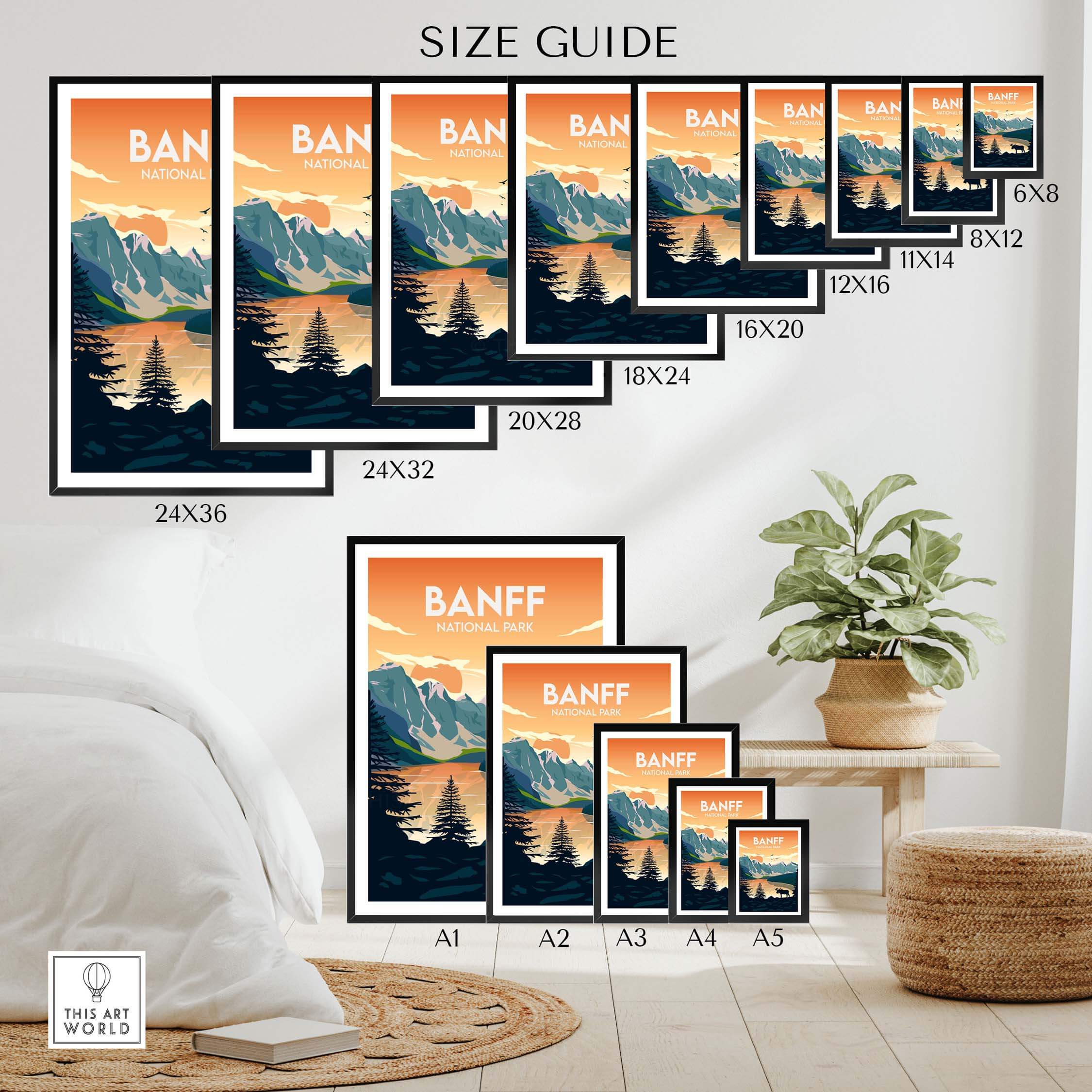 Banff National Park poster size guide with various frame options displayed in a stylish interior setting.
