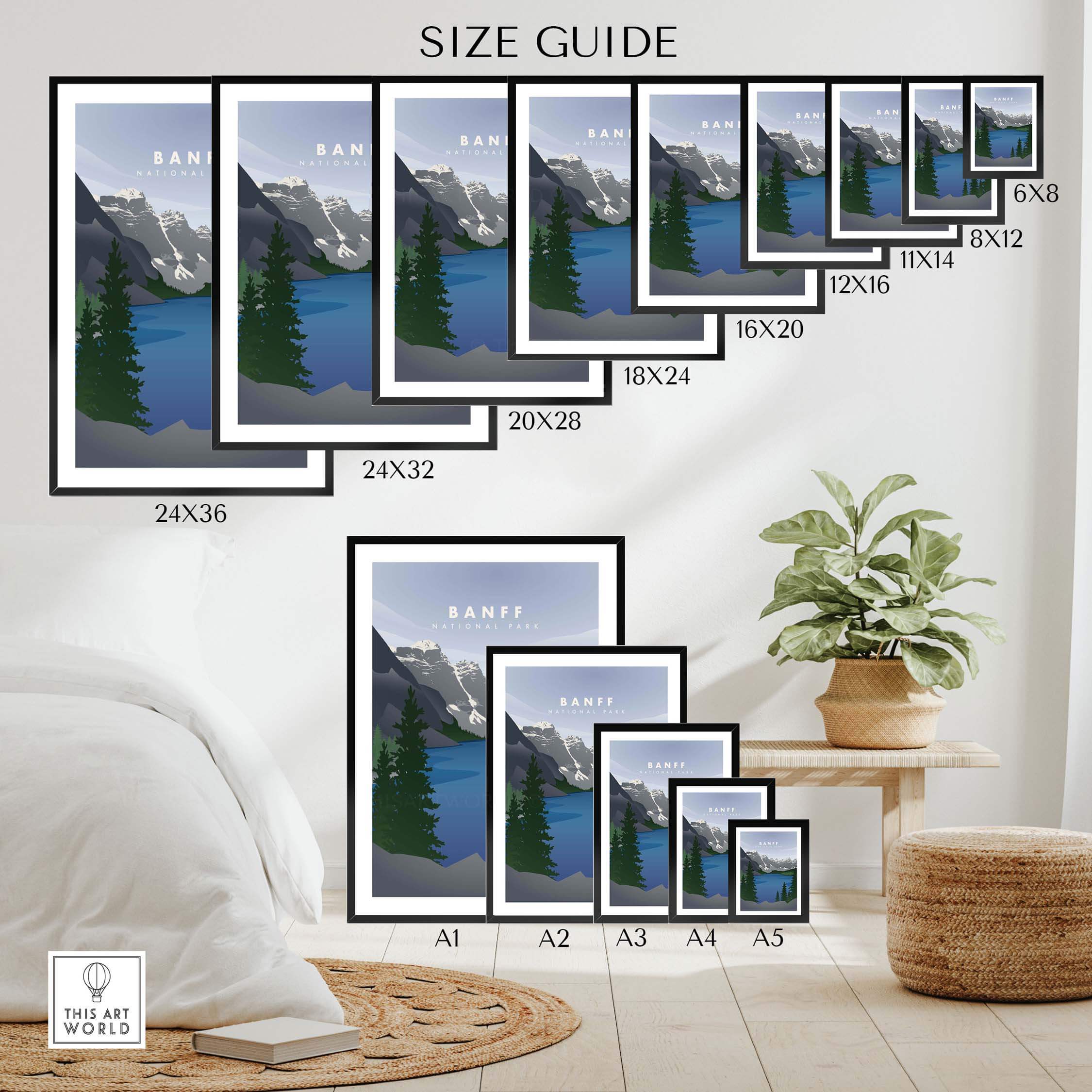 Size guide for Banff National Park art prints in various dimensions, showcasing framed and unframed options.
