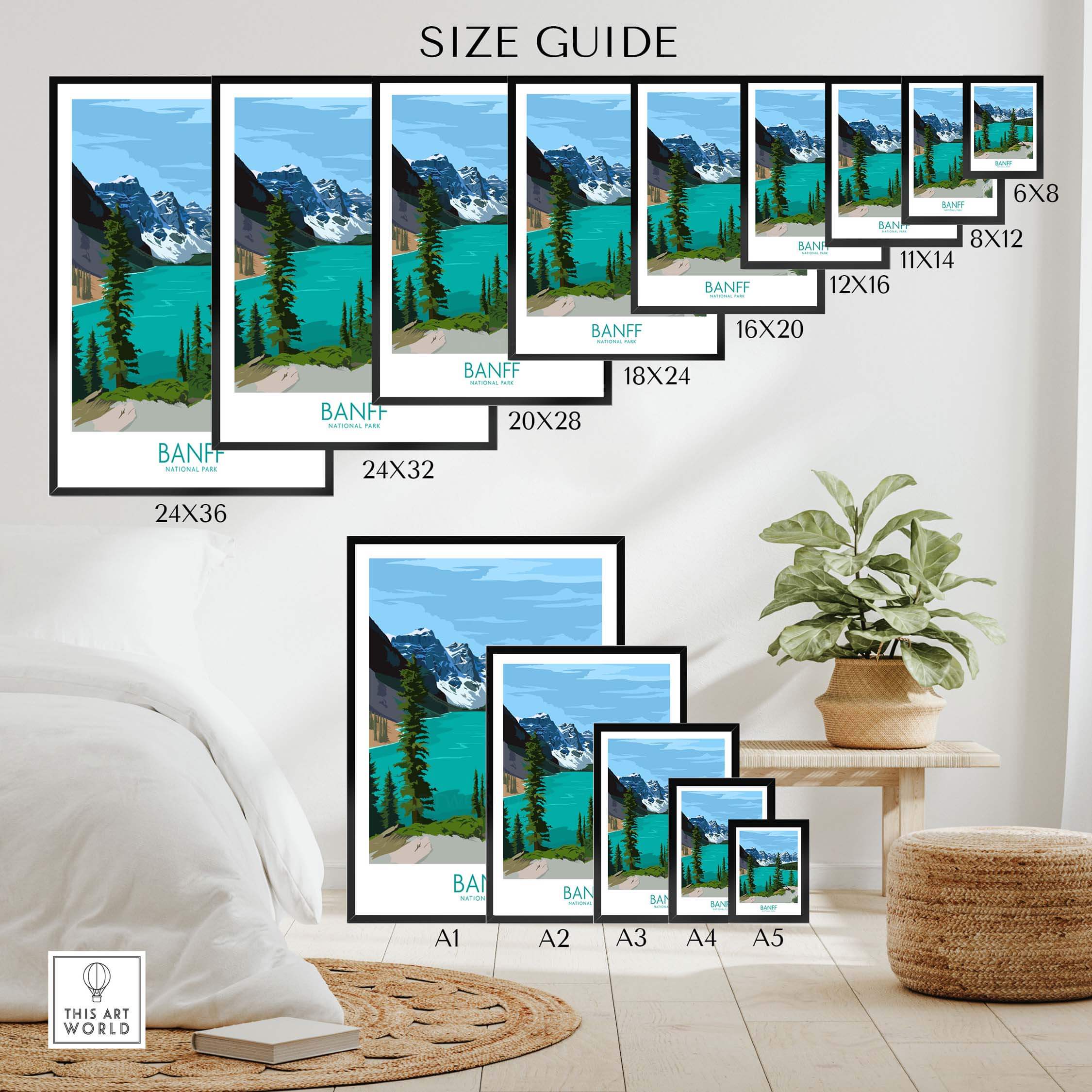 Banff poster print size guide showing various dimensions for wall art, highlighting the beauty of Canada's National Park.