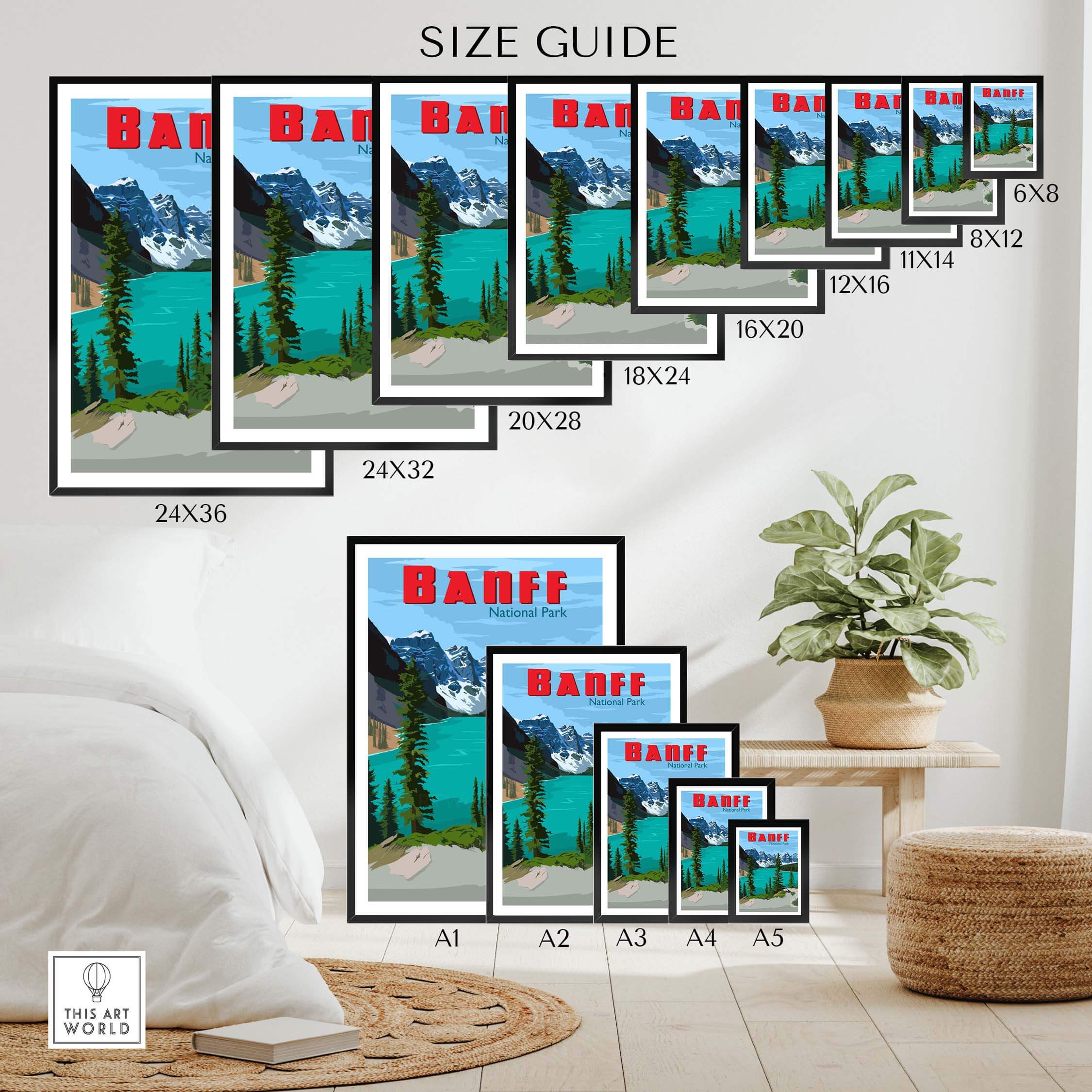 Banff National Park Poster size guide displayed in a stylish home setting with various frame sizes.
