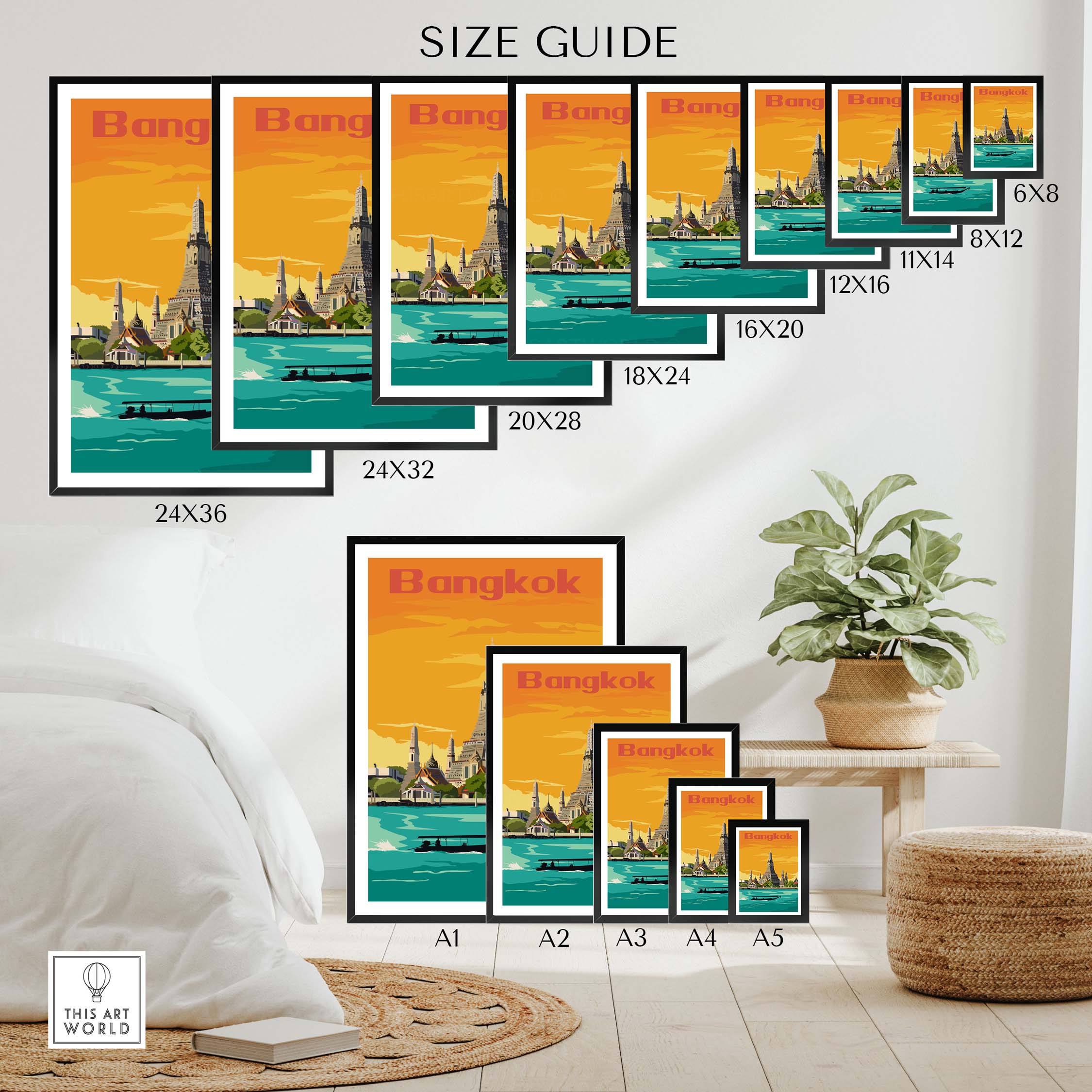 Bangkok vintage print poster size guide with framed options and home decor setting.