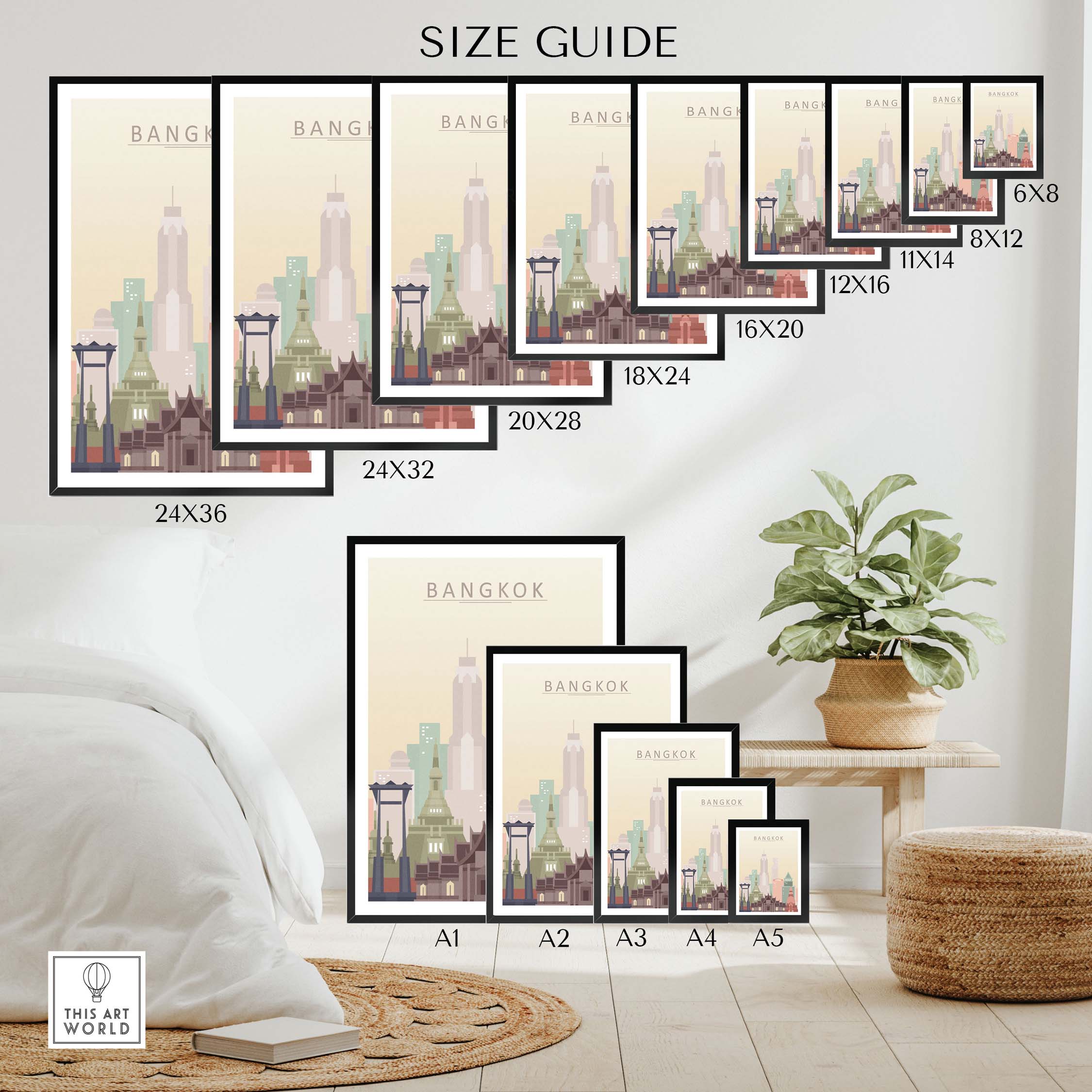 Size guide for Bangkok Skyline poster prints showing various frame dimensions and placements with stylish decor.
