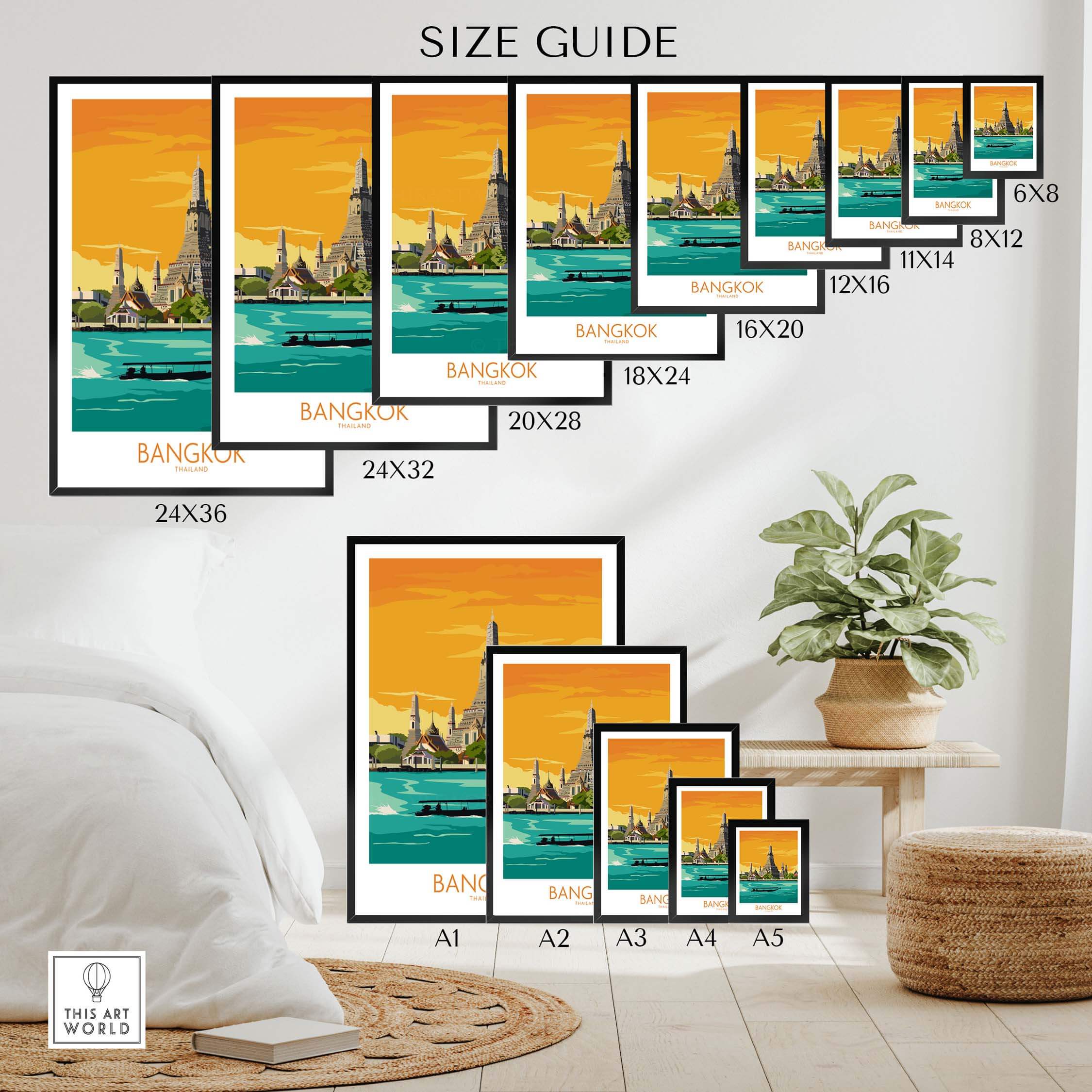 Bangkok travel poster size guide showcasing various frame sizes for stylish wall art decor.