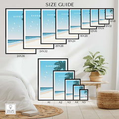 Barbados Poster size guide showcasing various framed and unframed print dimensions for stylish wall art.