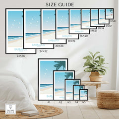 Barbados Print size guide showcasing various frame sizes for stylish wall art decor.