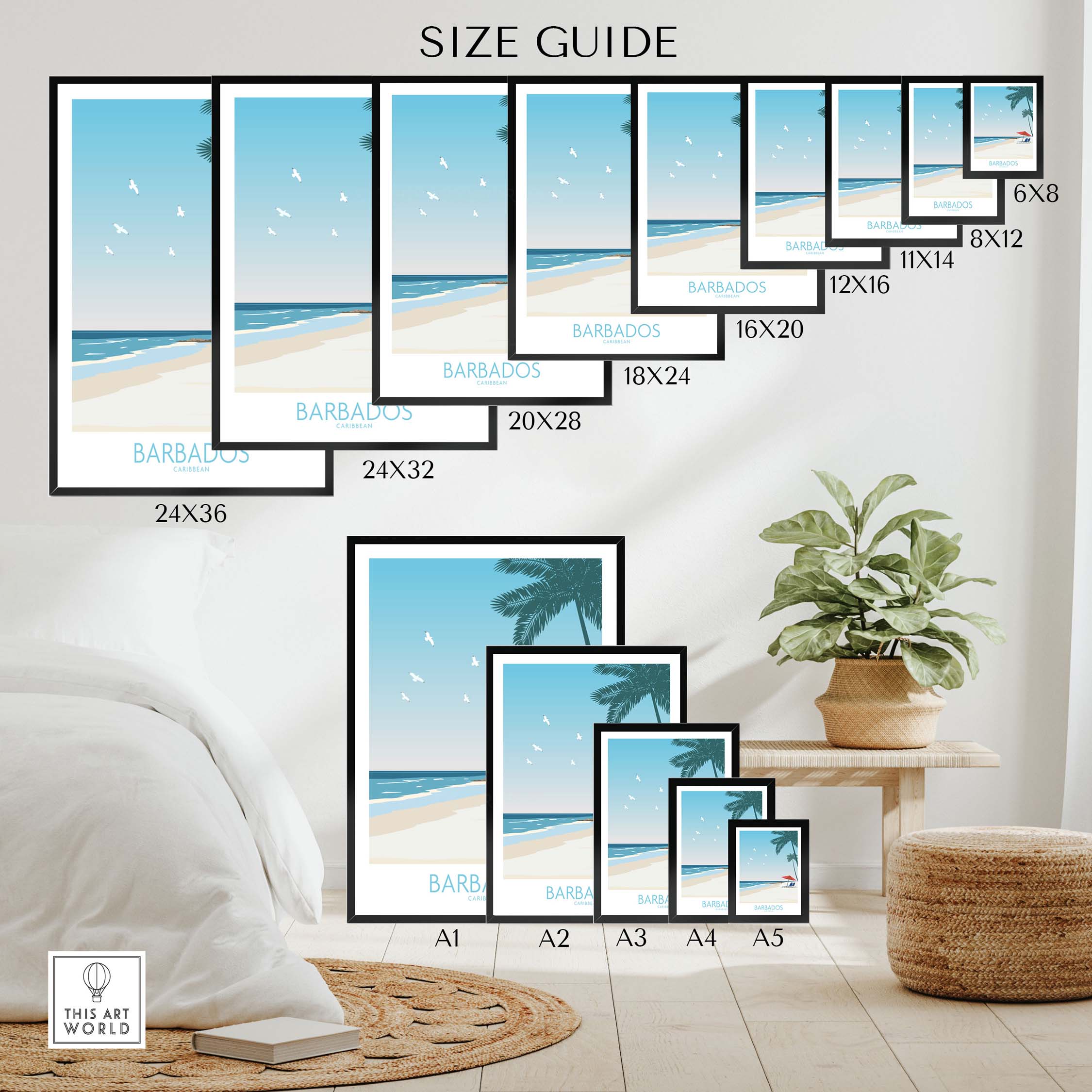 Barbados Print size guide showcasing various frame sizes for stylish wall art decor.