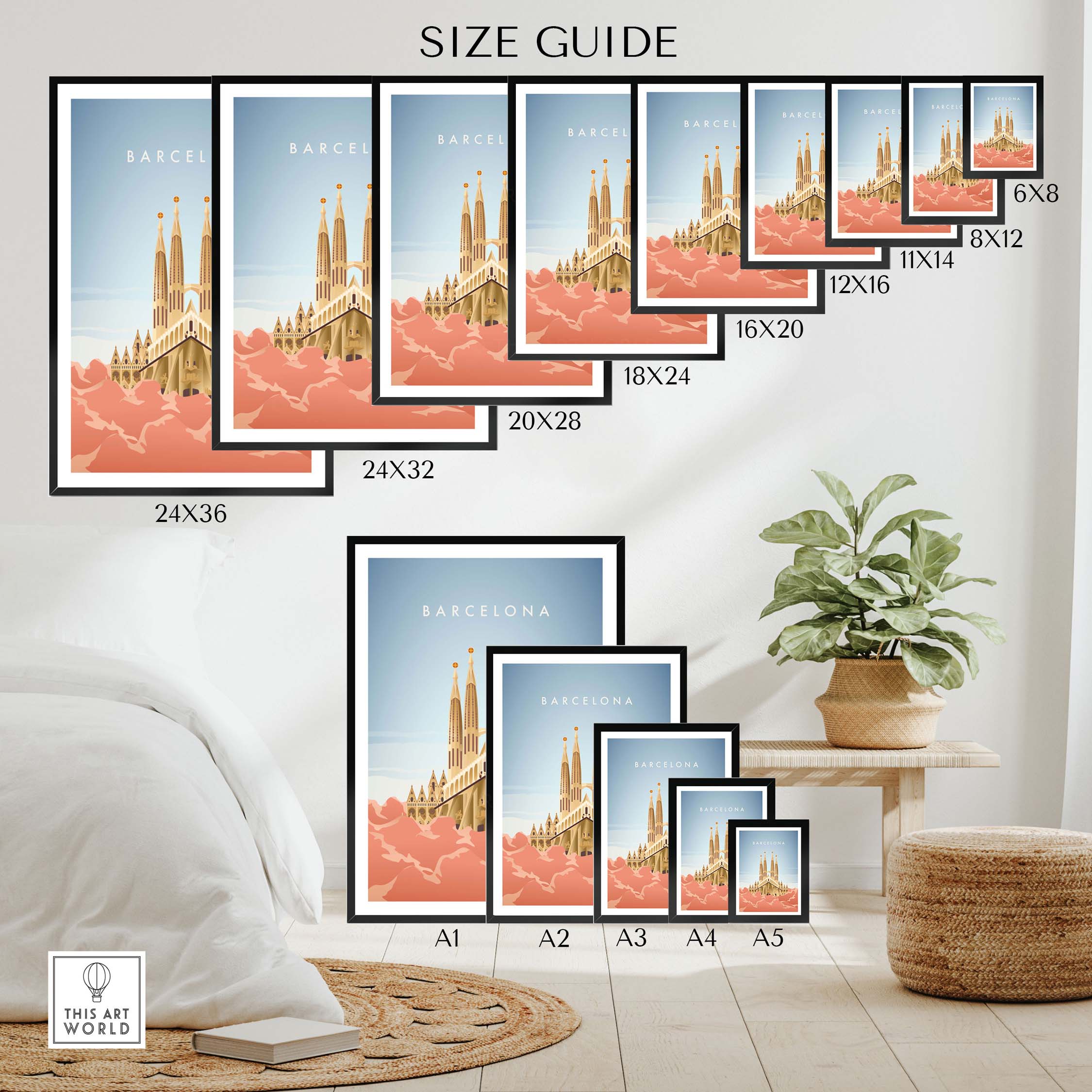 Size guide for Barcelona Wall Art Poster Print showing various frame sizes and a stylish interior setting.