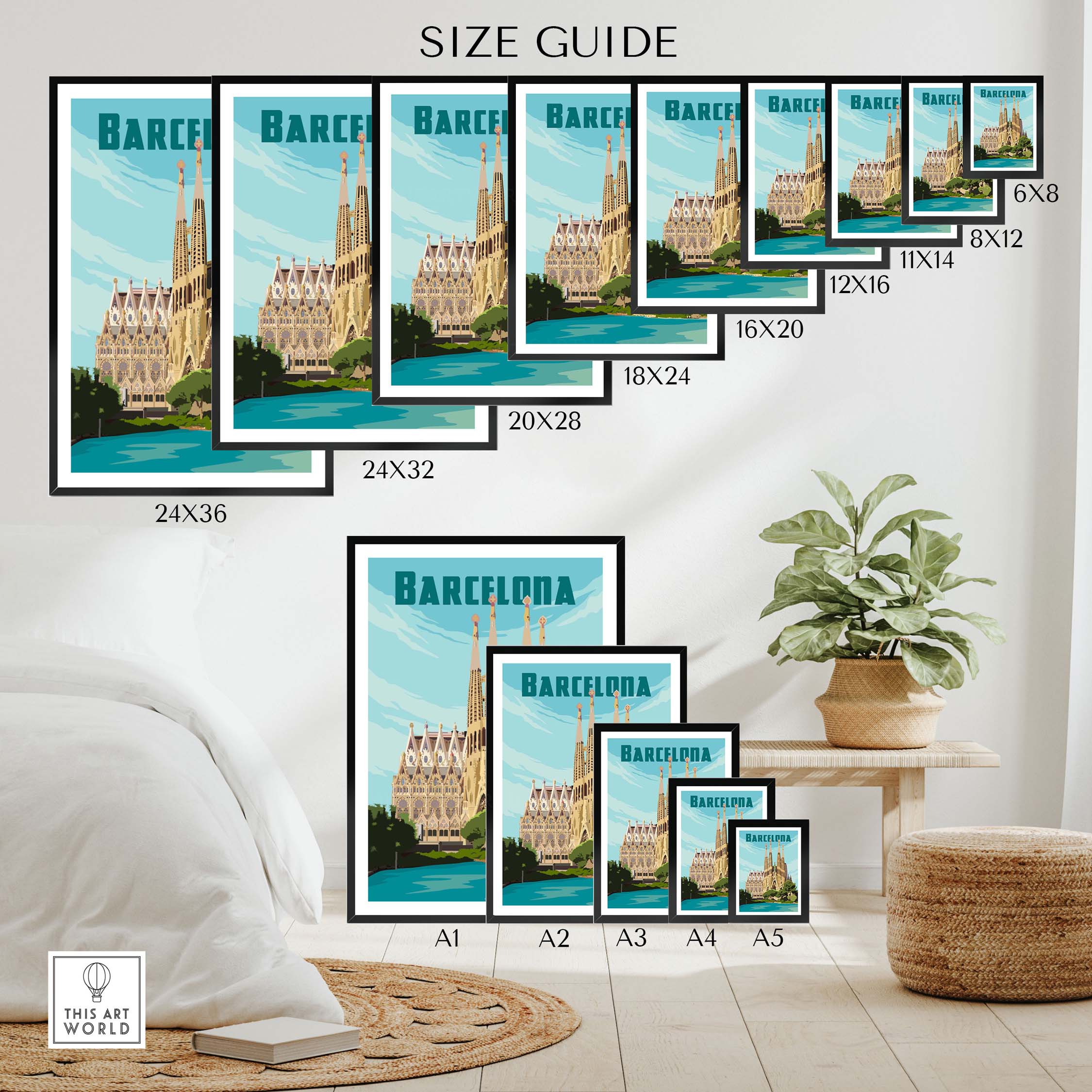 Barcelona vintage print poster size guide displayed in a stylish living room setting with various frame options.