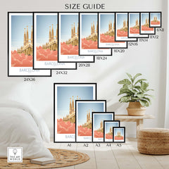 Size guide for Barcelona Wall Art Print showcasing various frame sizes and Sagrada Familia design for home decor.