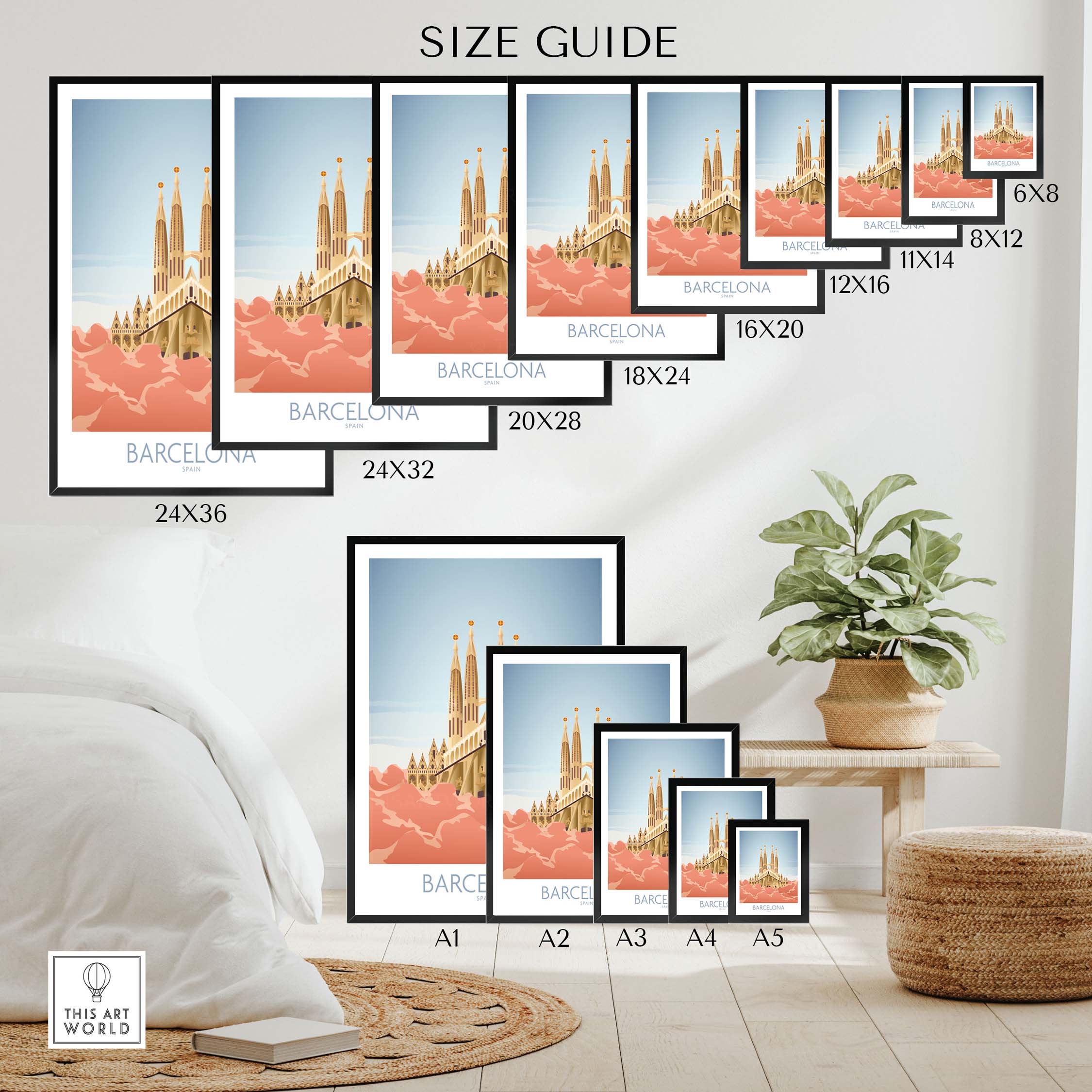 Size guide for Barcelona Wall Art Print showcasing various frame sizes and Sagrada Familia design for home decor.