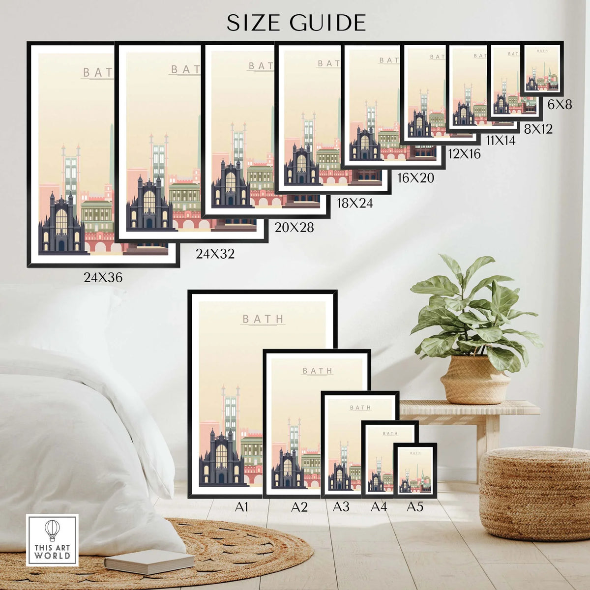 Size guide for Bath England Skyline Poster showcasing different frame options and dimensions.