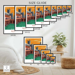 Size guide for Bath Poster | England Travel Print showcasing various frame sizes in a stylish home setting.