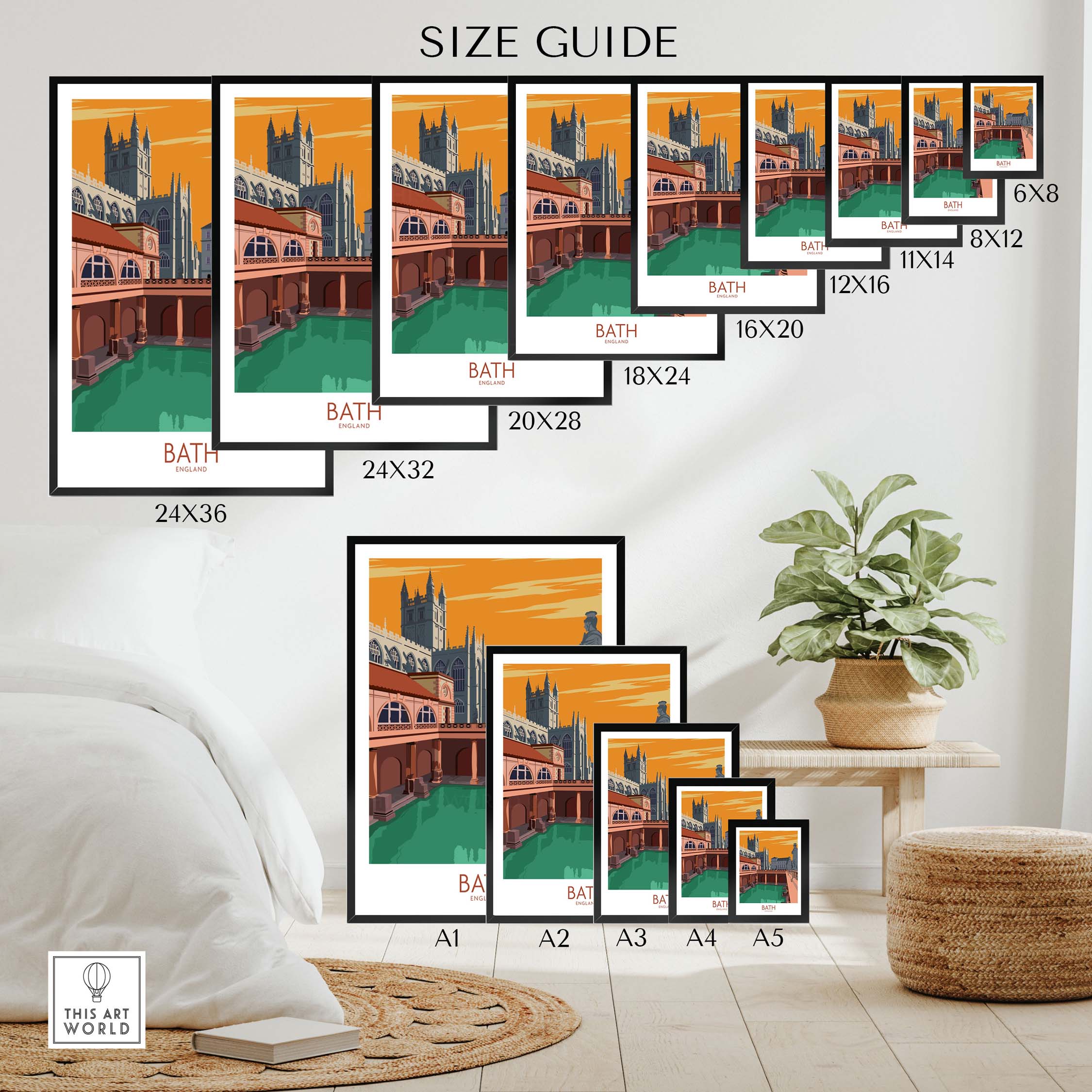 Size guide for Bath Poster | England Travel Print showcasing various frame sizes in a stylish home setting.