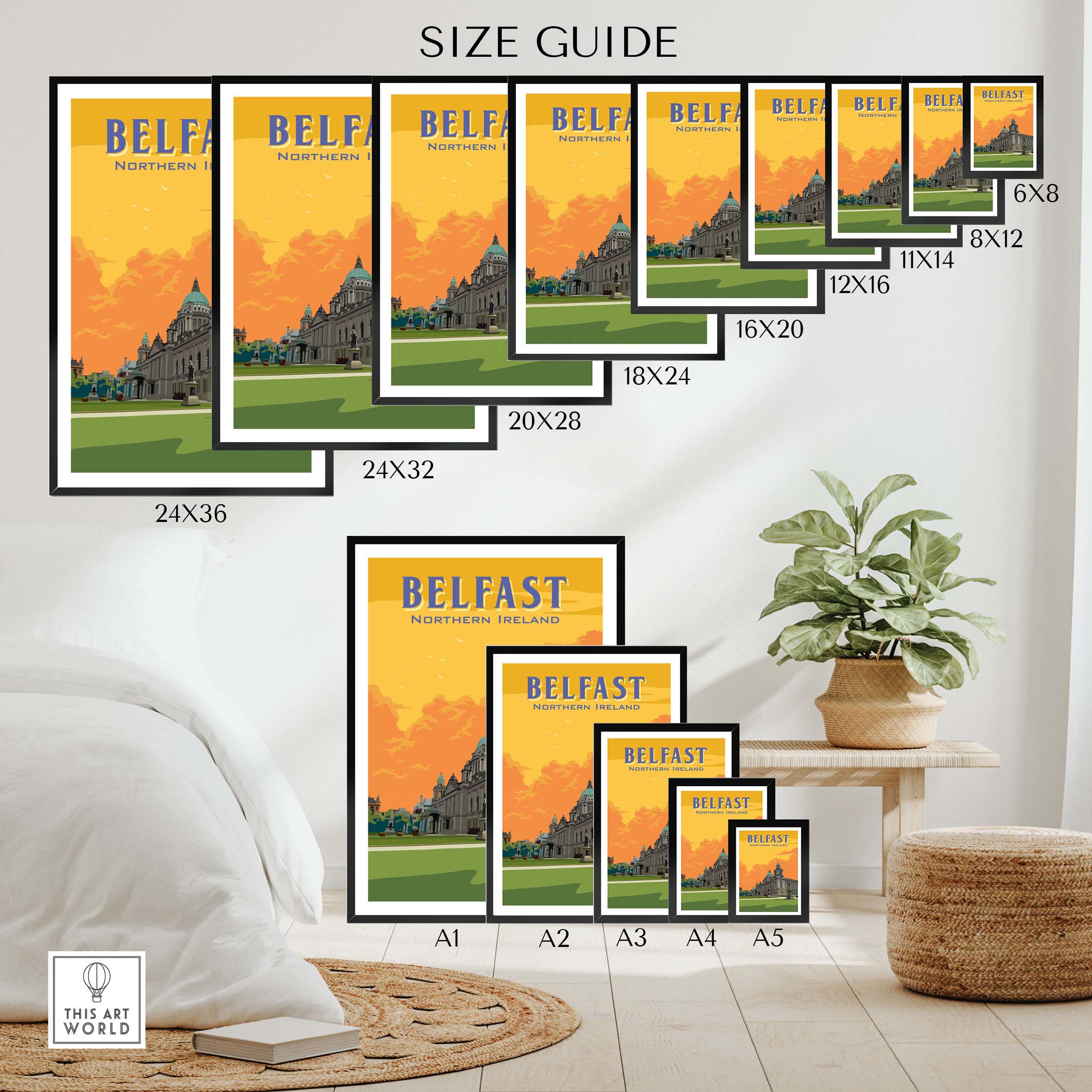 Size guide for Belfast Print Northern Ireland showcasing various framed print dimensions in a stylish interior setting.