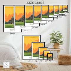 Size guide for Belfast Poster prints in various dimensions displayed in a stylish home setting.