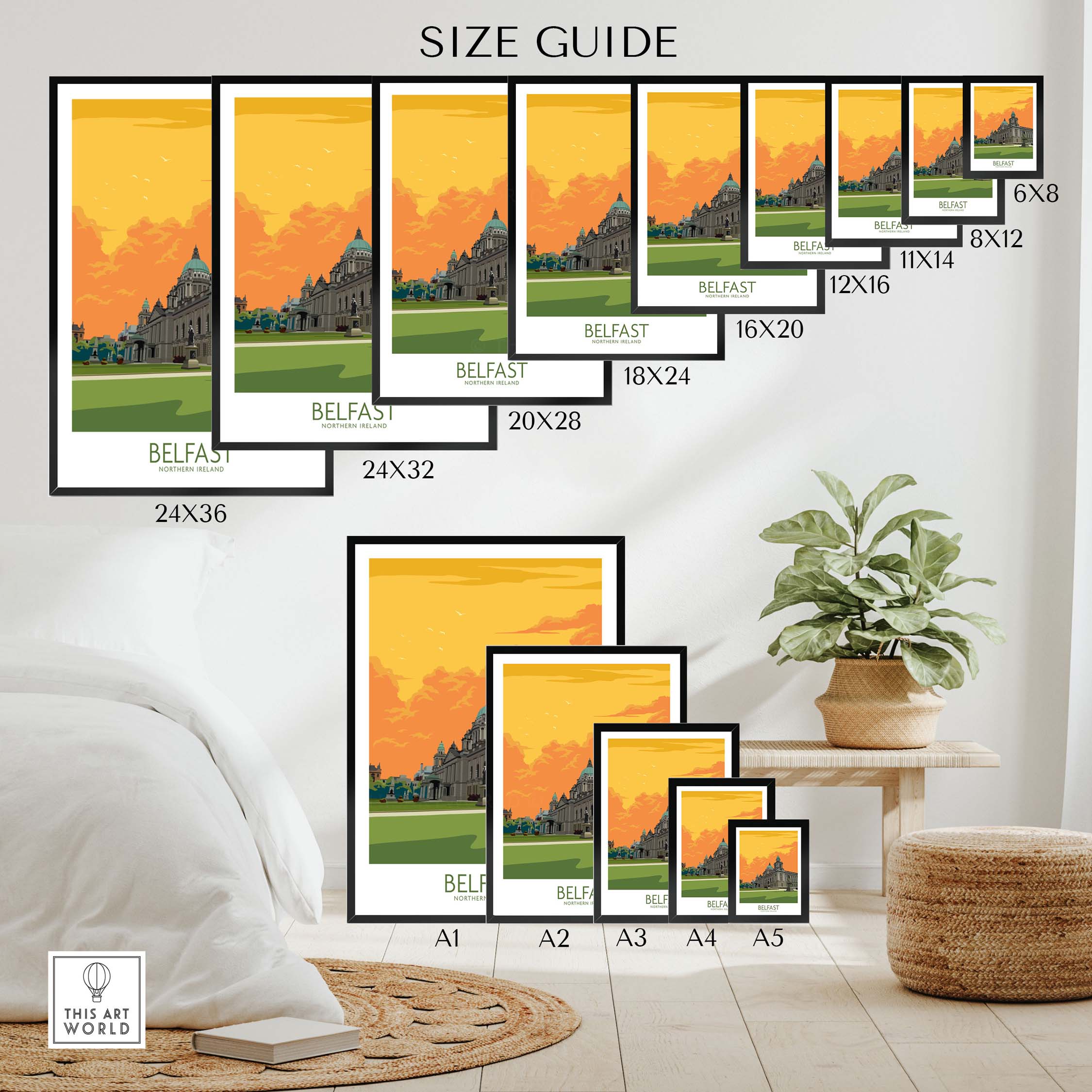 Size guide for Belfast Poster prints in various dimensions displayed in a stylish home setting.