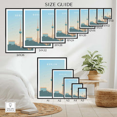 Size guide for Berlin Print Wall Art Poster showcasing various frame sizes in a stylish living space.