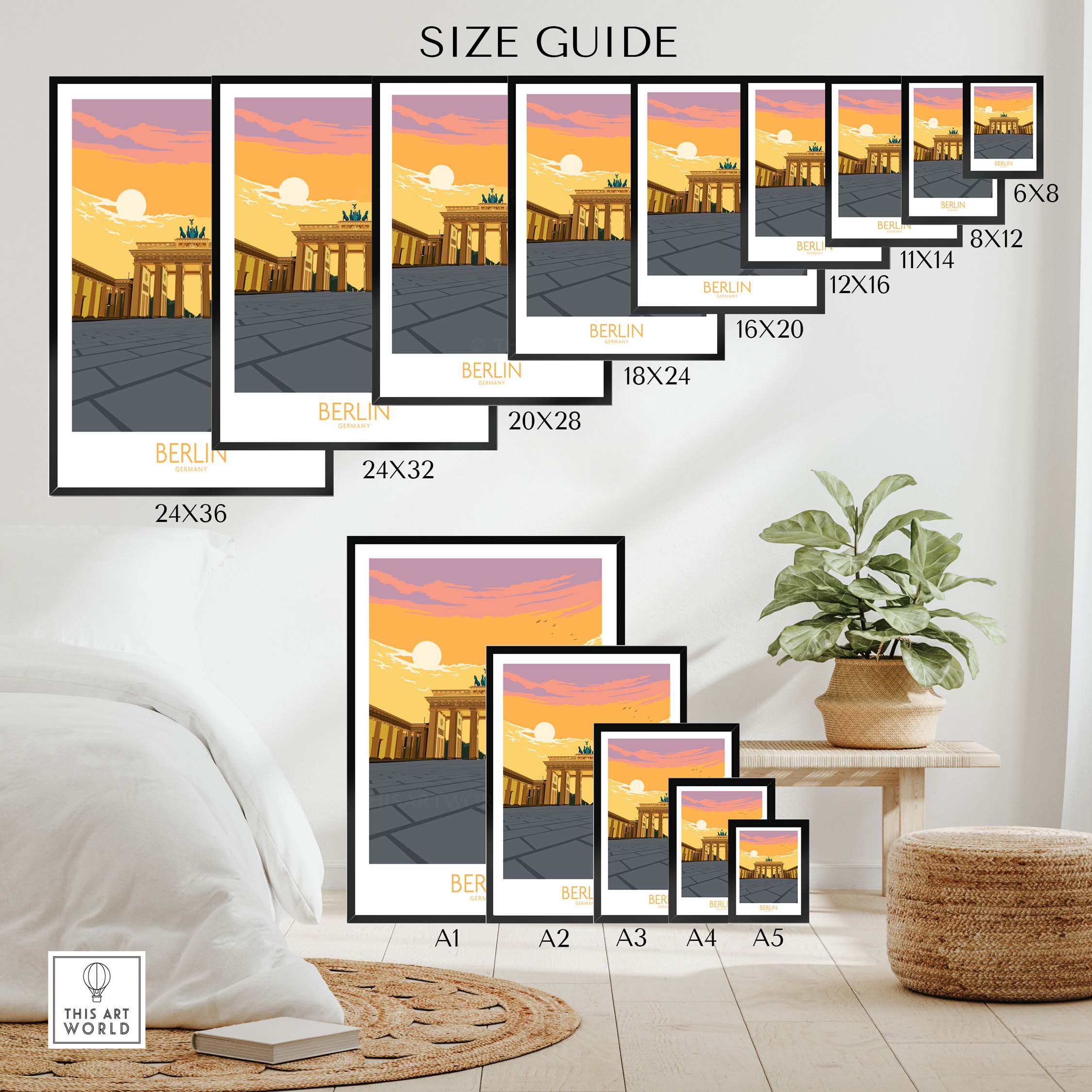 Size guide for Berlin Print Germany Travel Poster in various dimensions for stylish wall art.