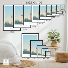 Size guide for Berlin Poster Print showcasing various frame sizes and dimensions for home decor.