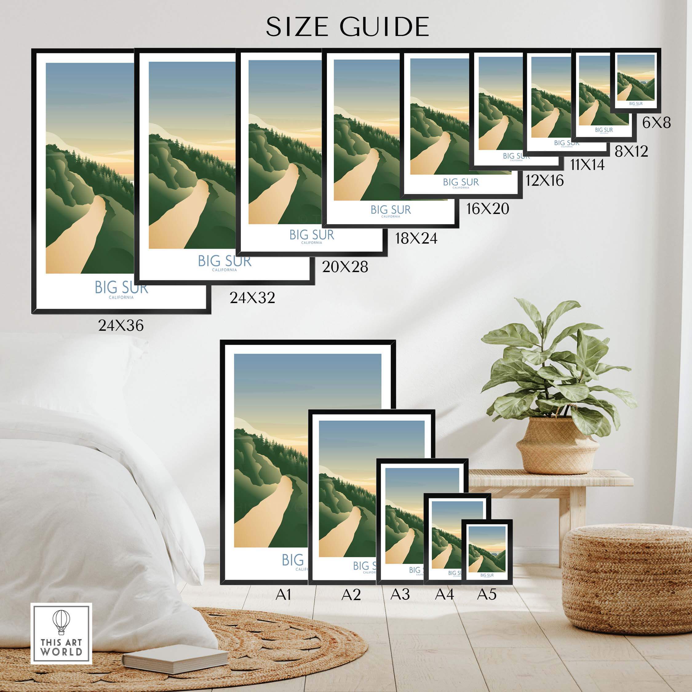Size guide for Big Sur California Art Print showcasing various frame sizes and minimalist design.
