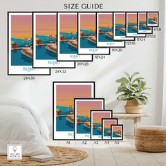 Size guide for Bilbao Poster - Spain Print showcasing various frame sizes in a stylish home decor setting.
