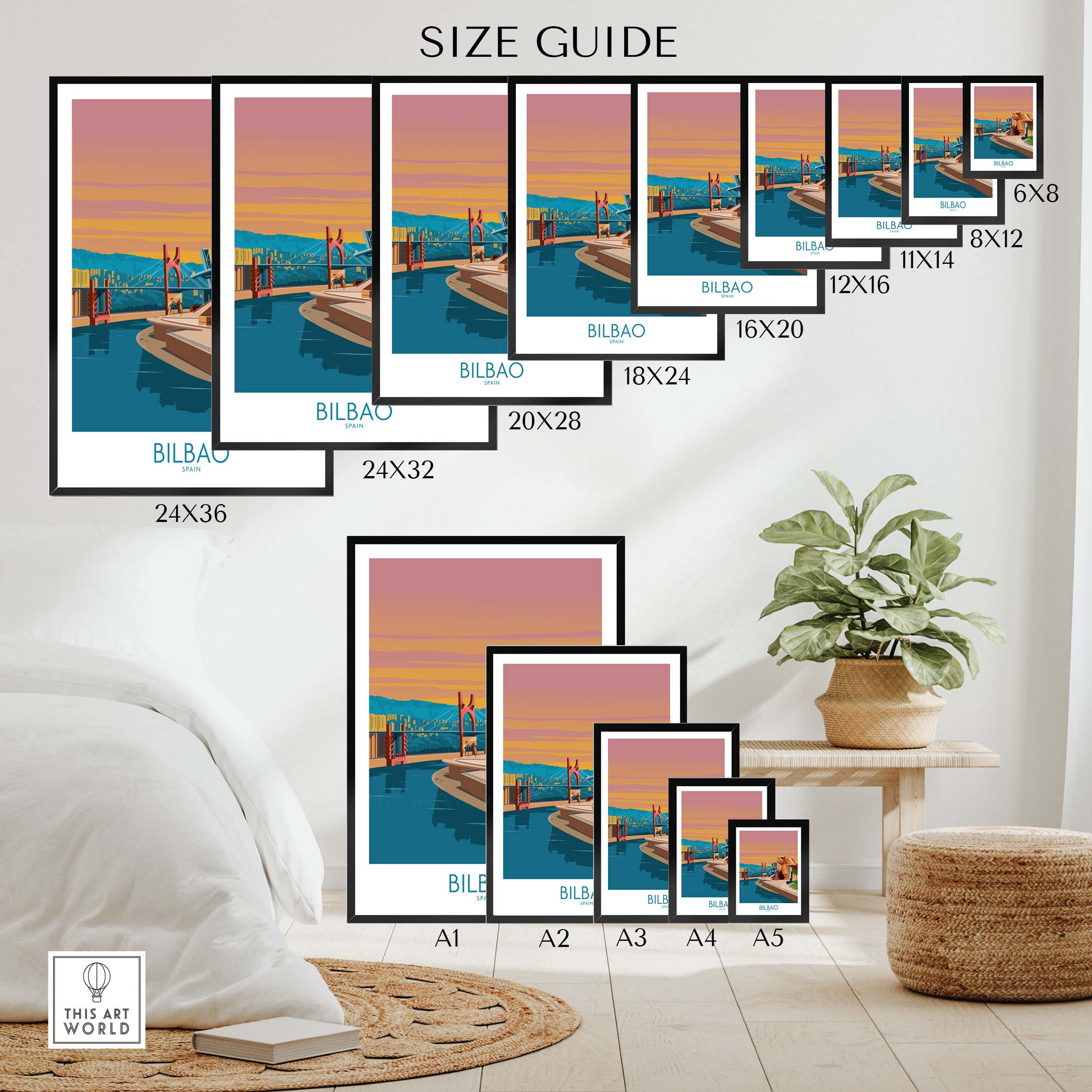 Size guide for Bilbao Poster - Spain Print showcasing various frame sizes in a stylish home decor setting.
